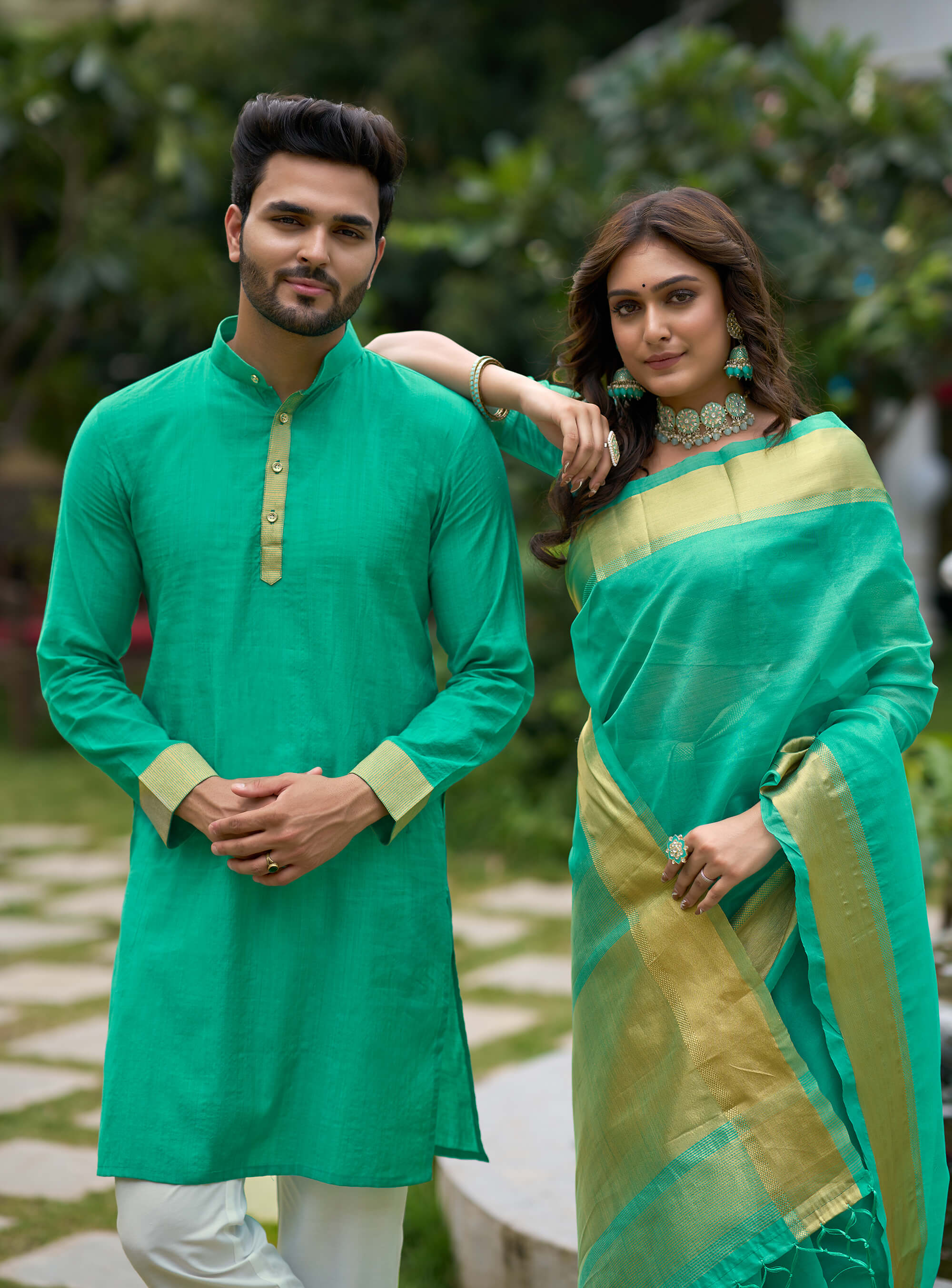 HunnyBunny Teal Couple Dress Orgenza silk Saree & Kurta