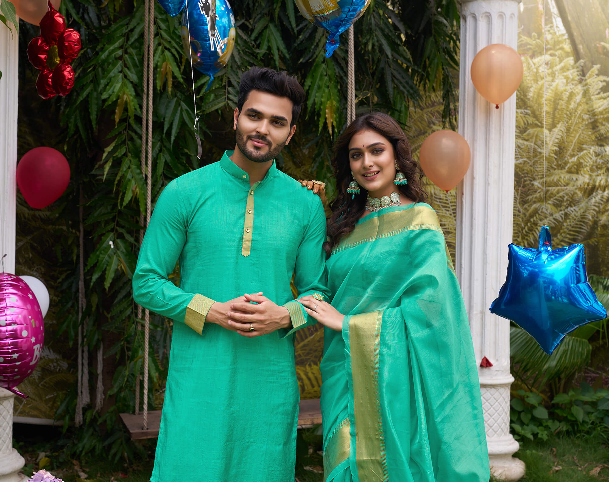HunnyBunny Teal Couple Dress Orgenza silk Saree & Kurta