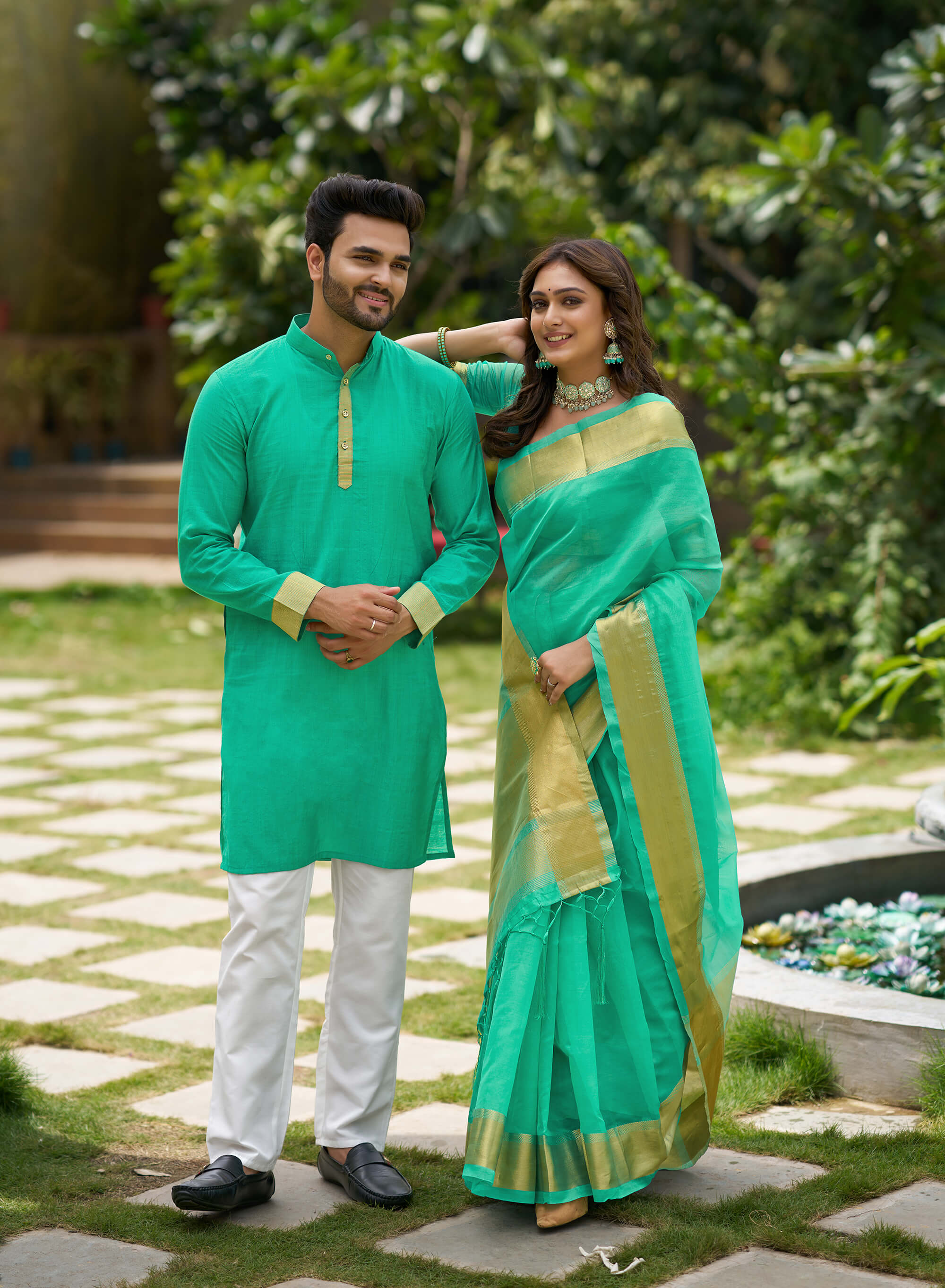 HunnyBunny Teal Couple Dress Orgenza silk Saree & Kurta