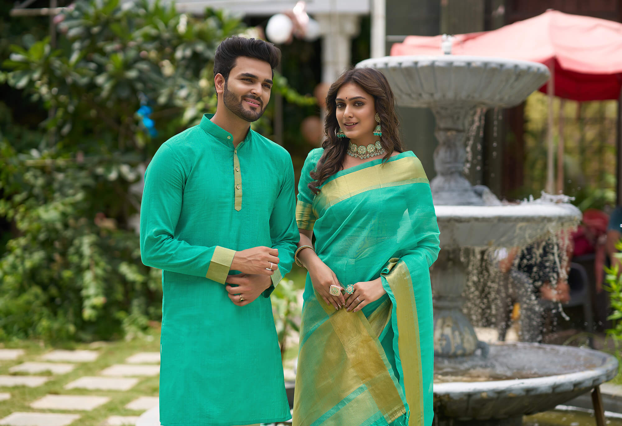 HunnyBunny Teal Couple Dress Orgenza silk Saree & Kurta