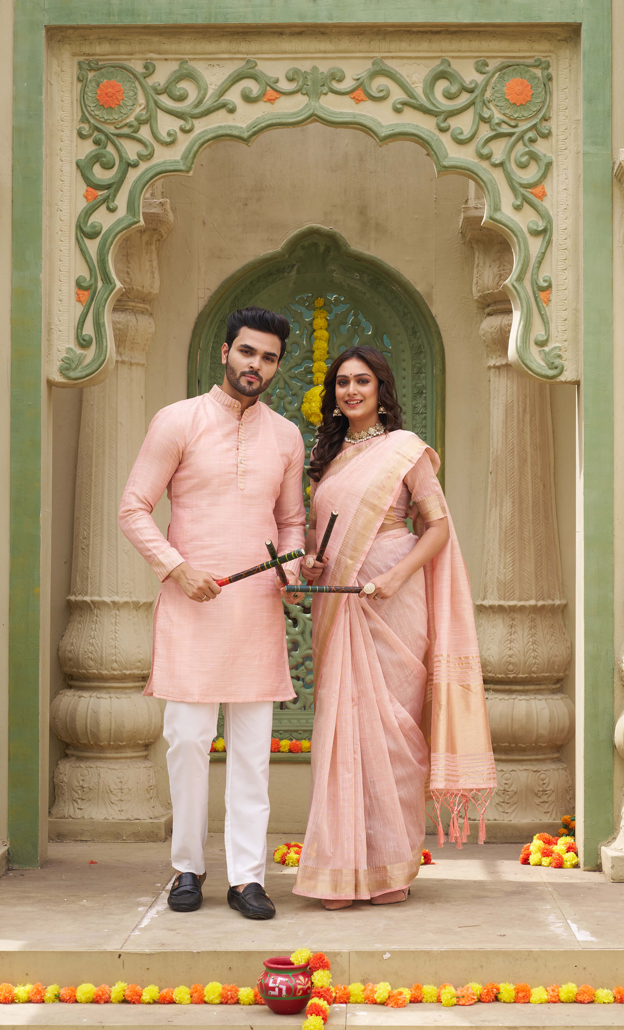 Jenika Gold Peach Couple Dress art silk Saree and Kurta for Special Occasions