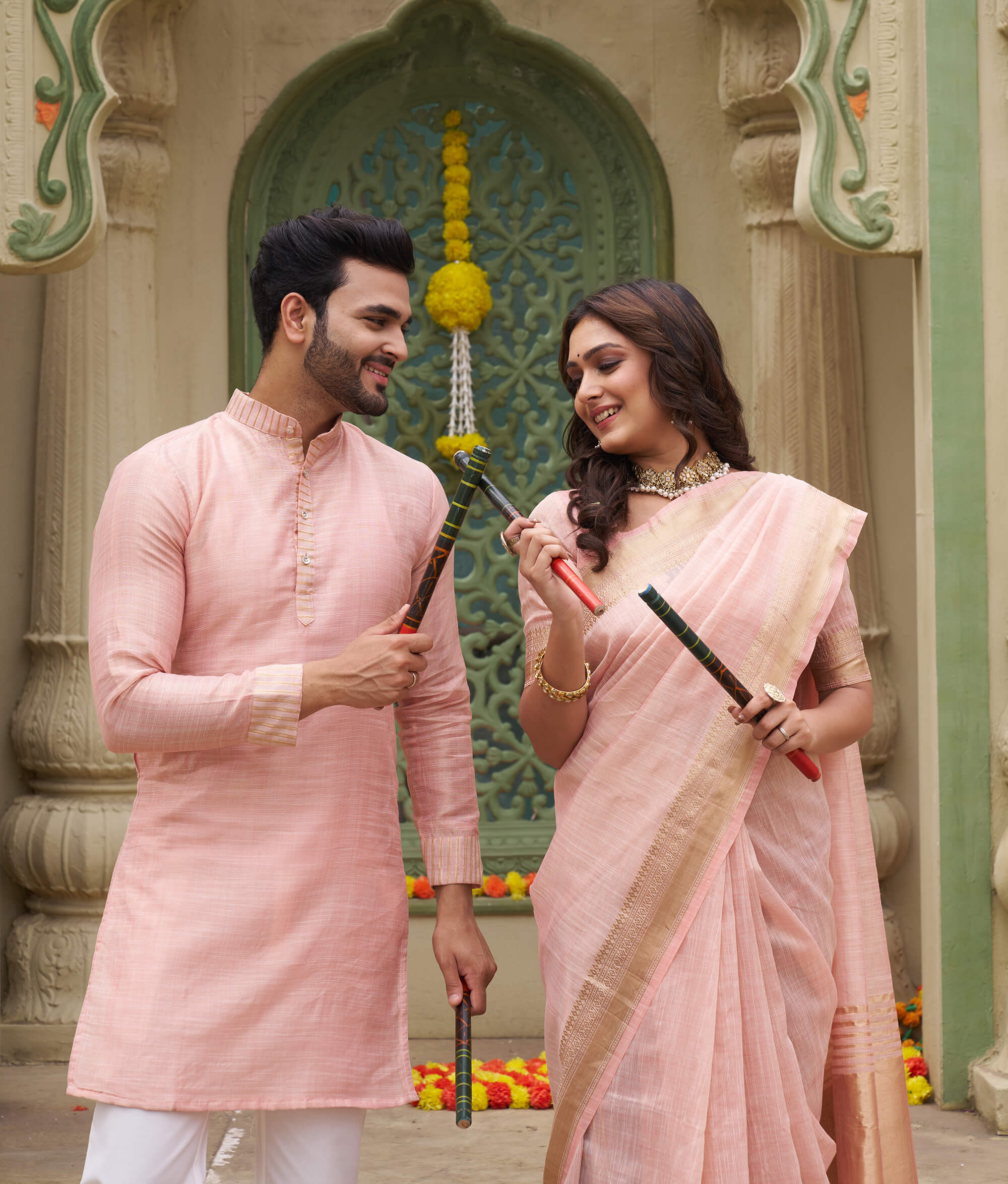Jenika Gold Peach Couple Dress art silk Saree and Kurta for Special Occasions