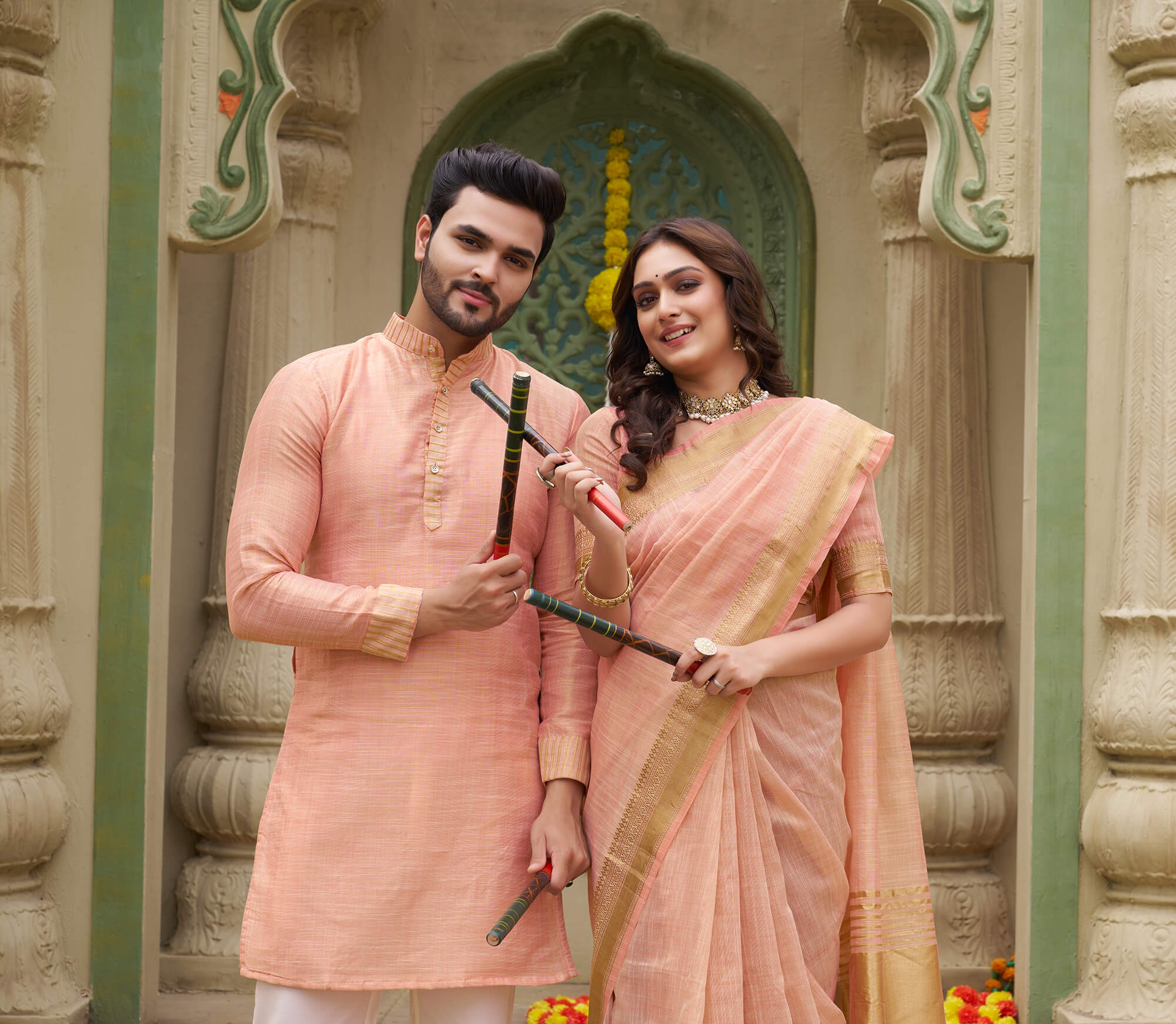 Jenika Gold Peach Couple Dress art silk Saree and Kurta for Special Occasions