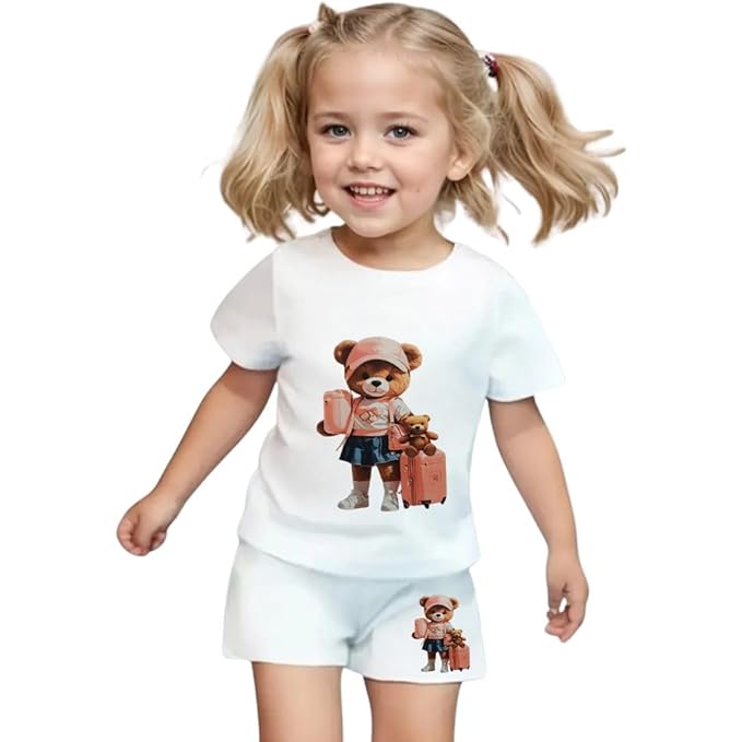 Cotton Girls Outfit with Teddy Bear Print – Tee & Shorts RGSGS7