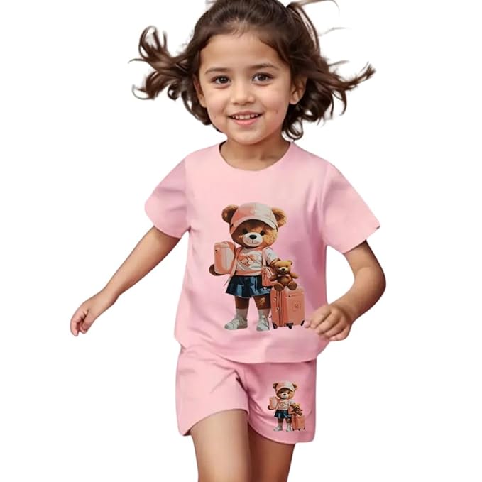 Cotton Girls Outfit with Teddy Bear Print – Tee & Shorts RGSGS7