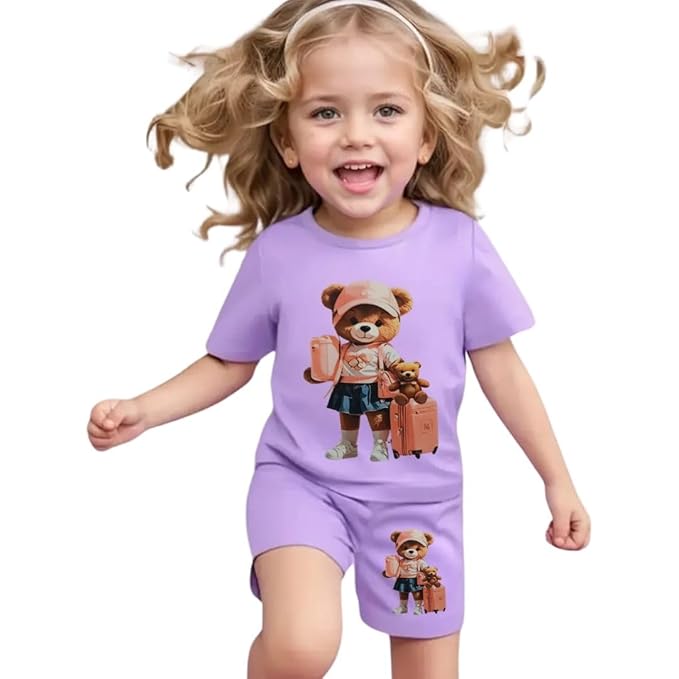 Cotton Girls Outfit with Teddy Bear Print – Tee & Shorts RGSGS7