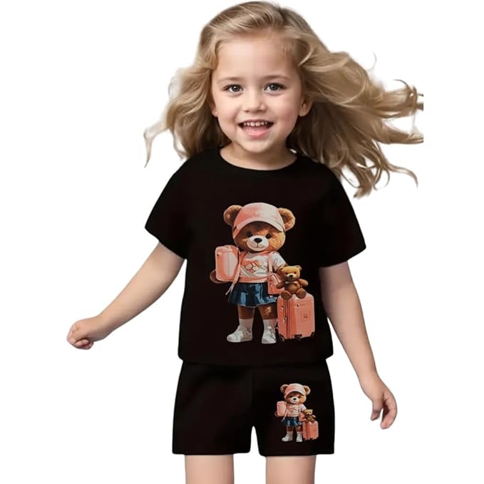 Cotton Girls Outfit with Teddy Bear Print – Tee & Shorts RGSGS7