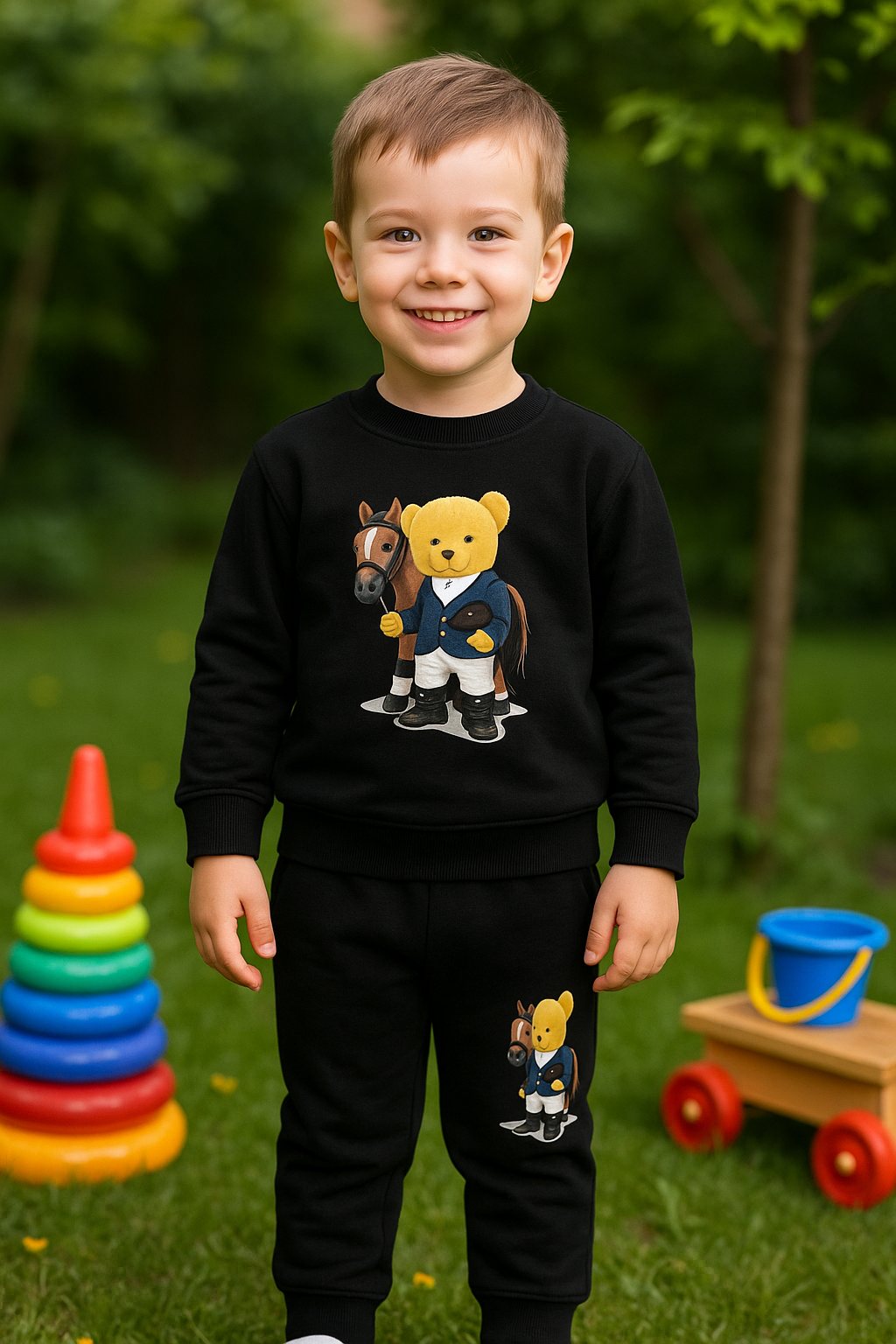 "Boys Pajama Set – Cute Teddy & Horse Print" BS3