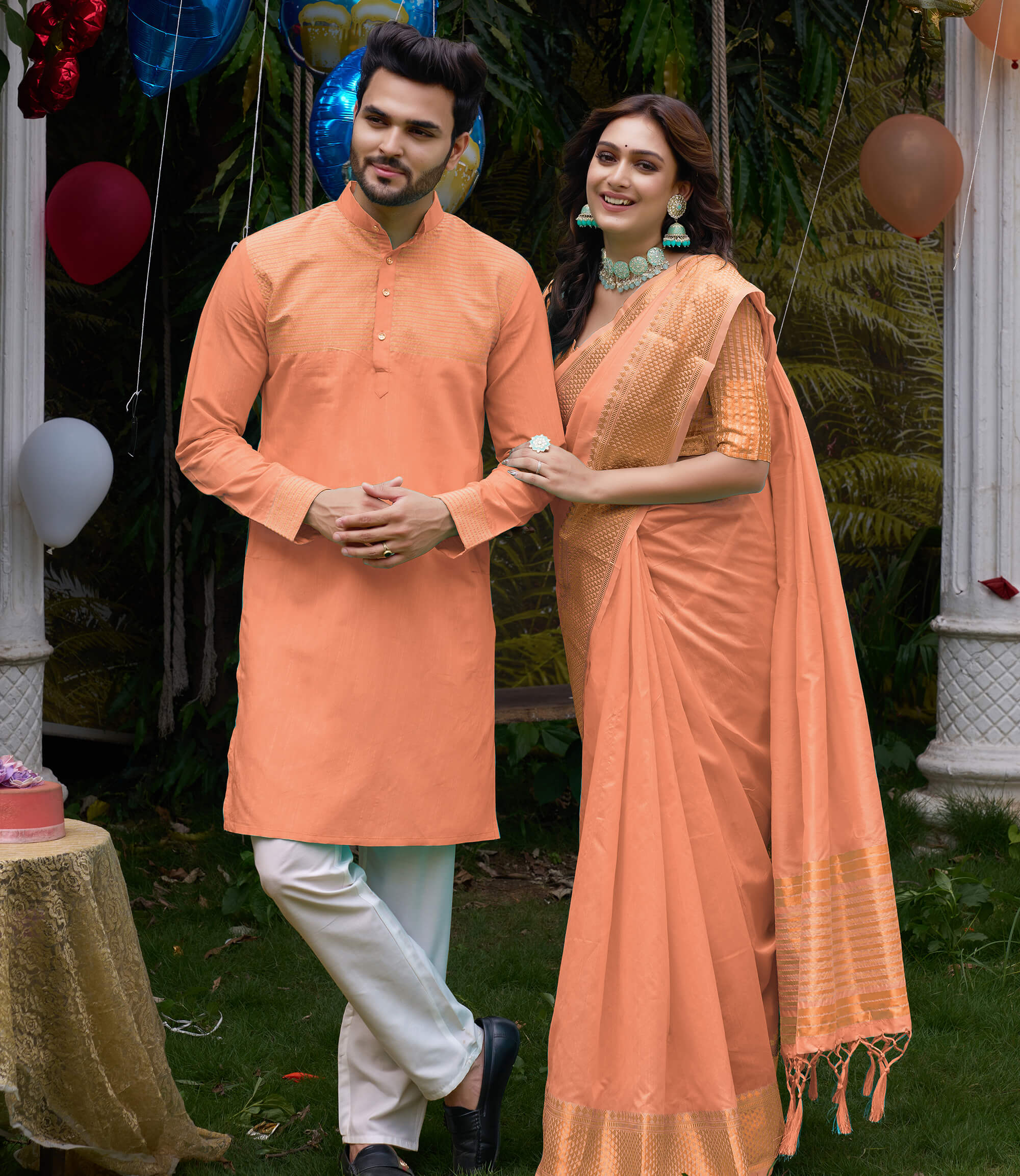 Aishwaria Peach Couple Dress Silk Saree & Kurta
