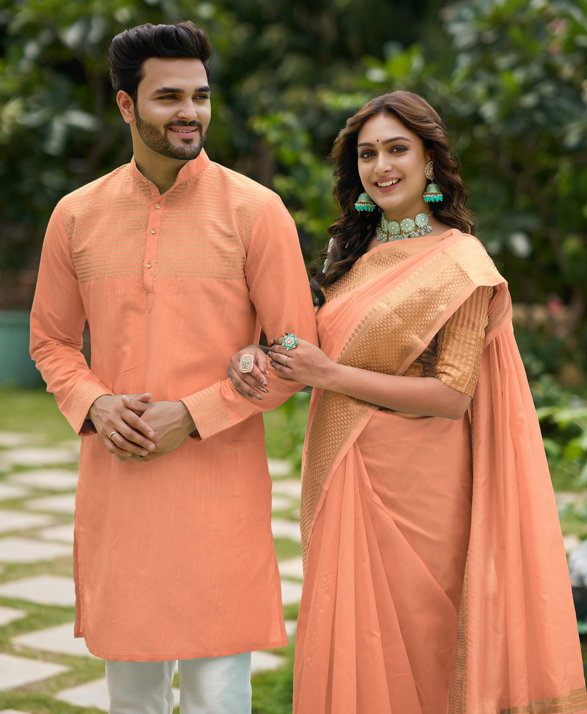 Aishwaria Peach Couple Dress Silk Saree & Kurta