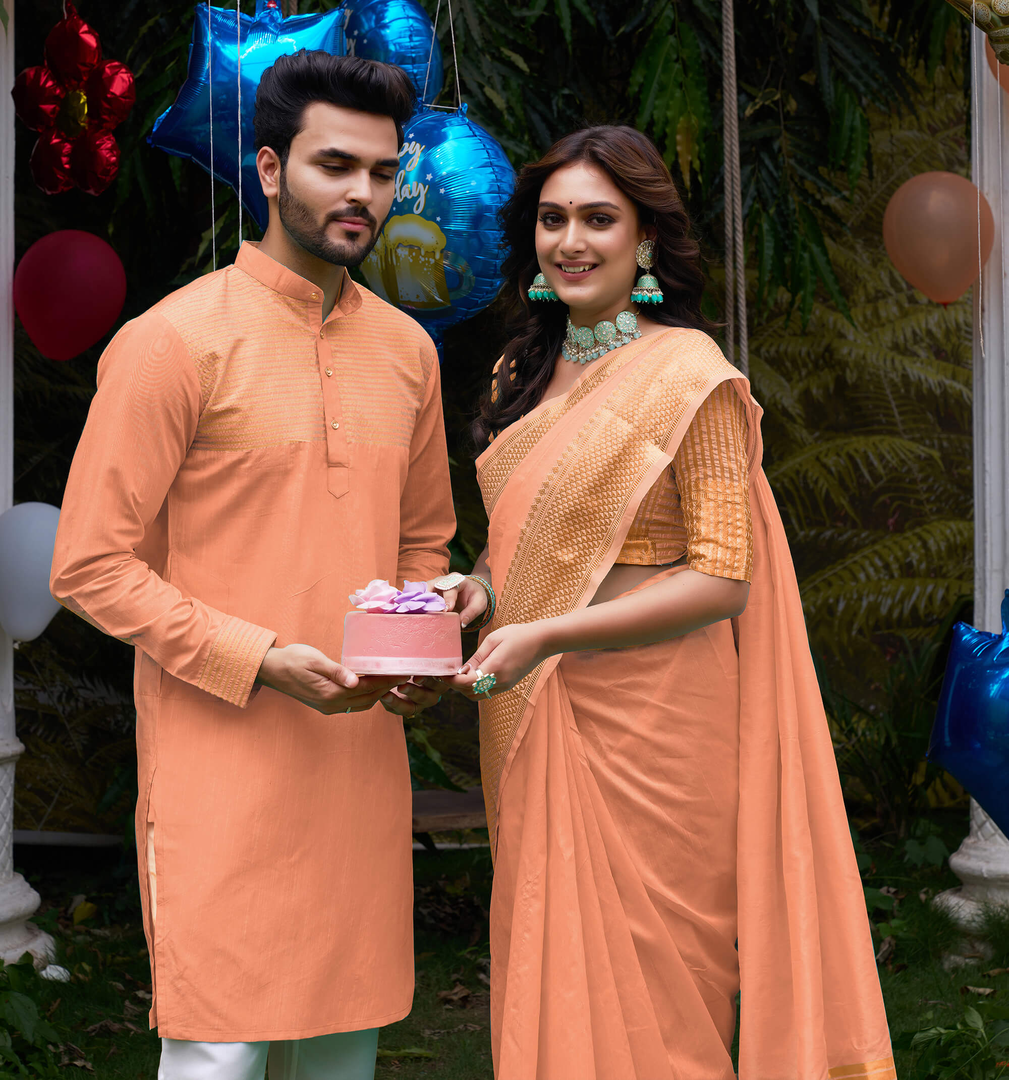 Aishwaria Peach Couple Dress Silk Saree & Kurta