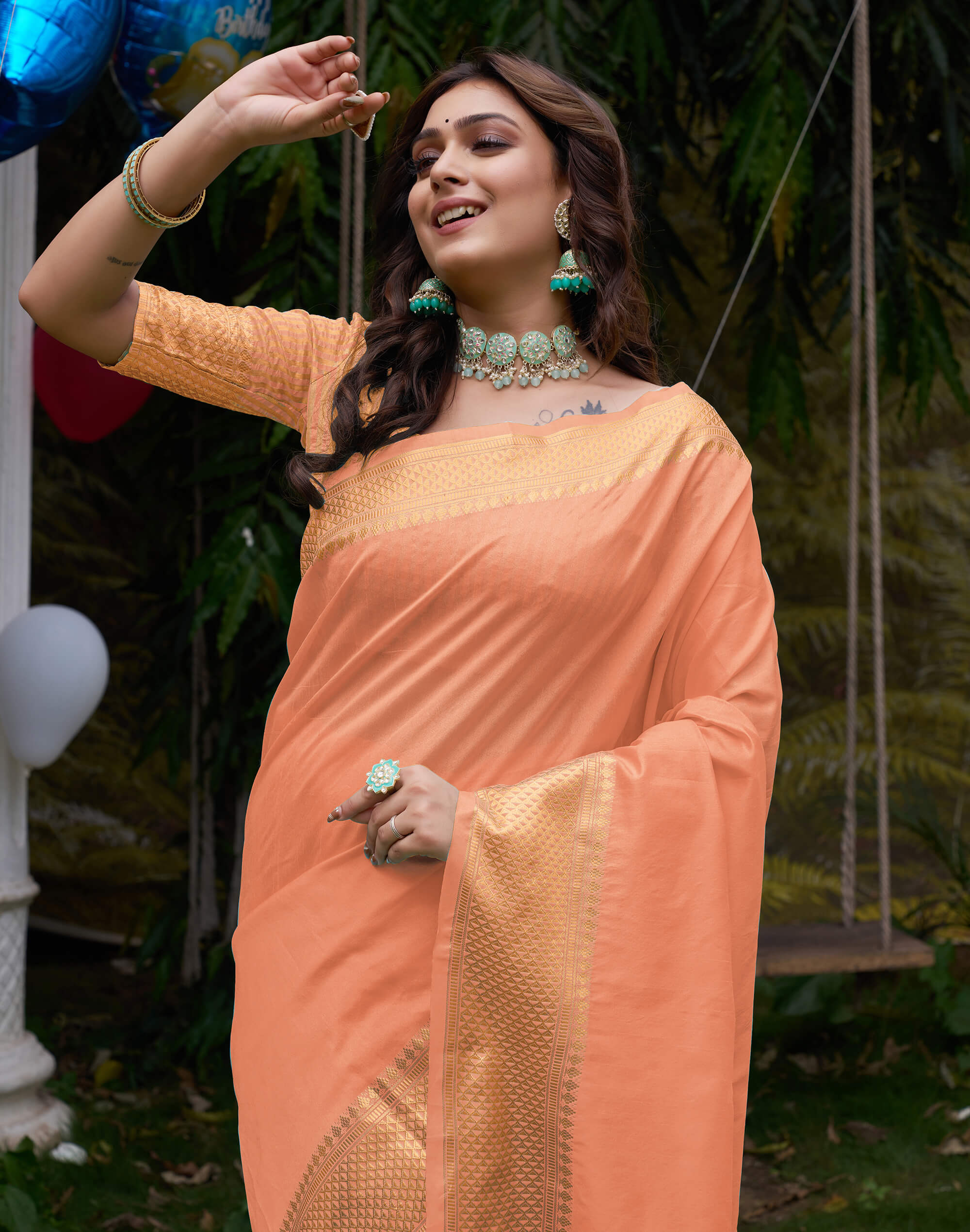Aishwaria Peach Couple Dress Silk Saree & Kurta