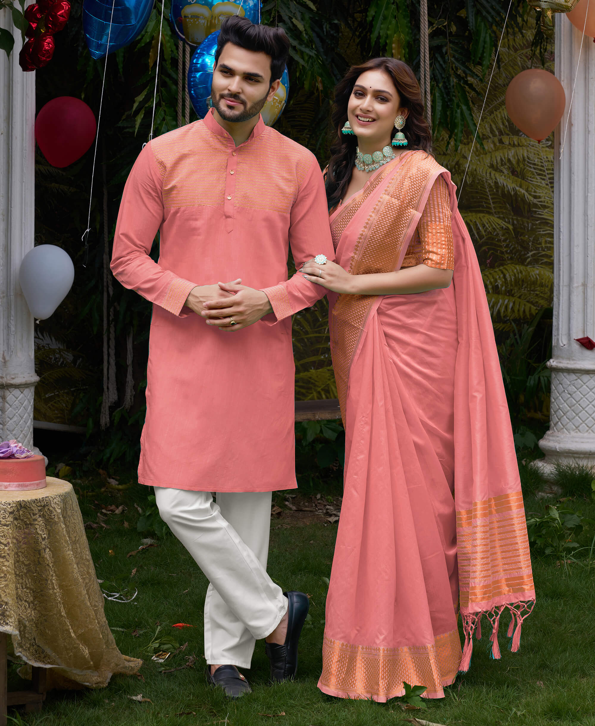 Aishwaria Pink Couple Dress Silk Saree & Kurta