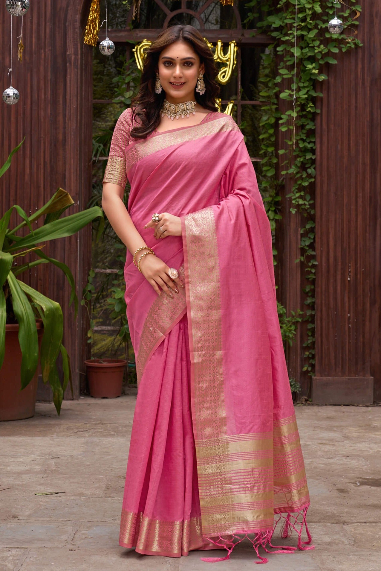 Aasam Silk Couple Dress Pink Saree & Kurta
