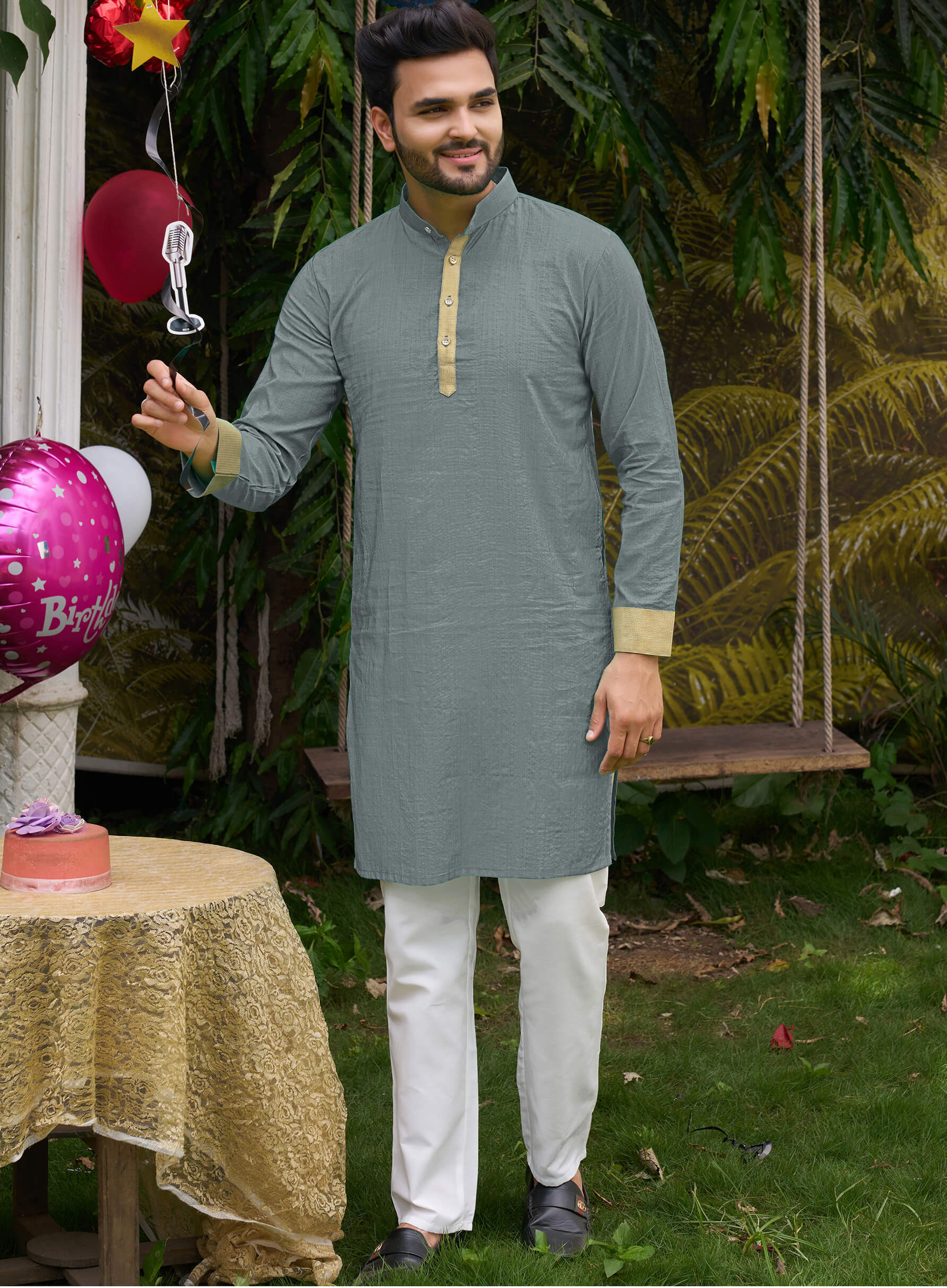 HunnyBunny Grey Couple Dress Orgenza silk Saree & Kurta