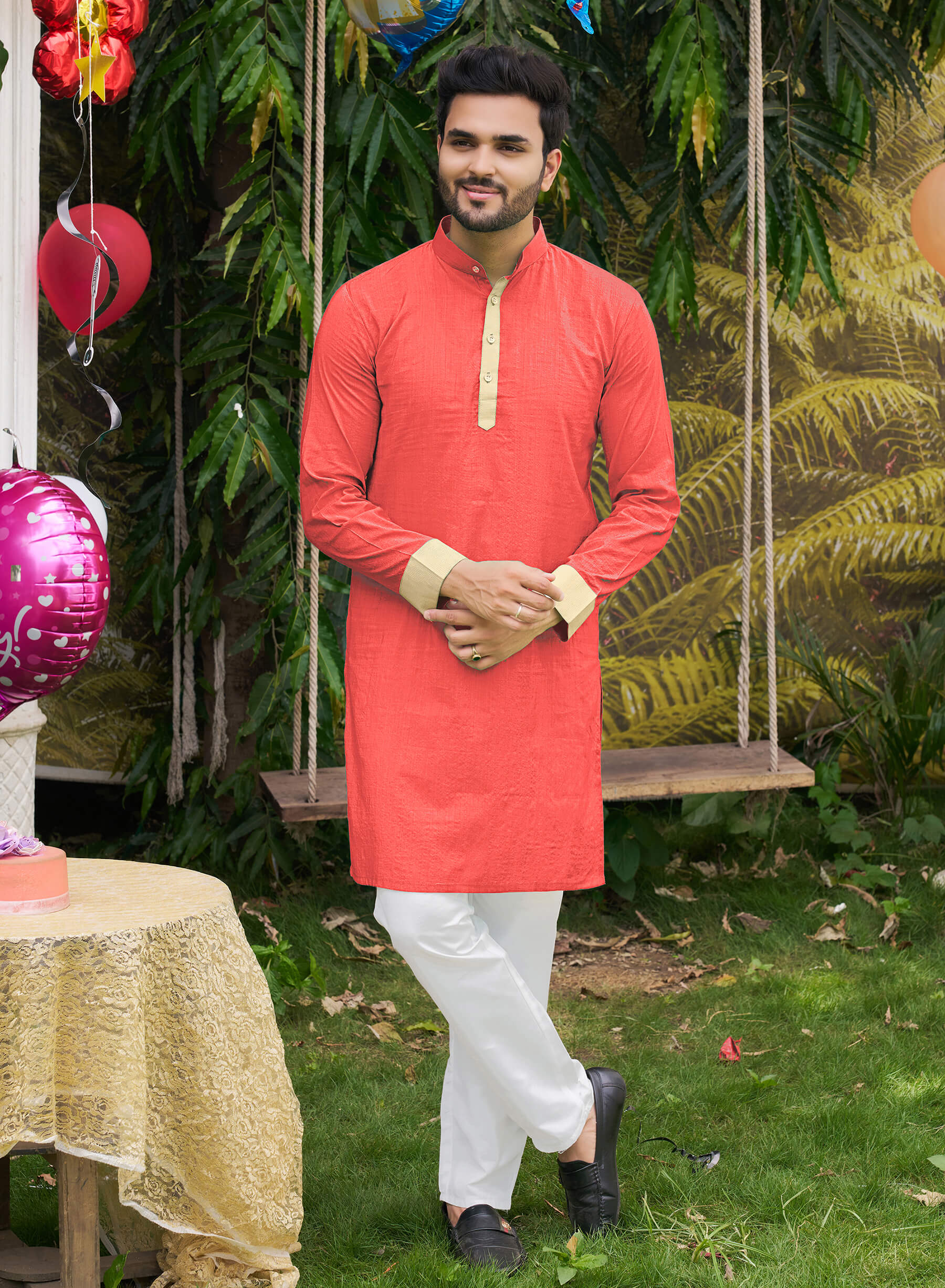 HunnyBunny Coral Couple Dress Orgenza silk Saree & Kurta