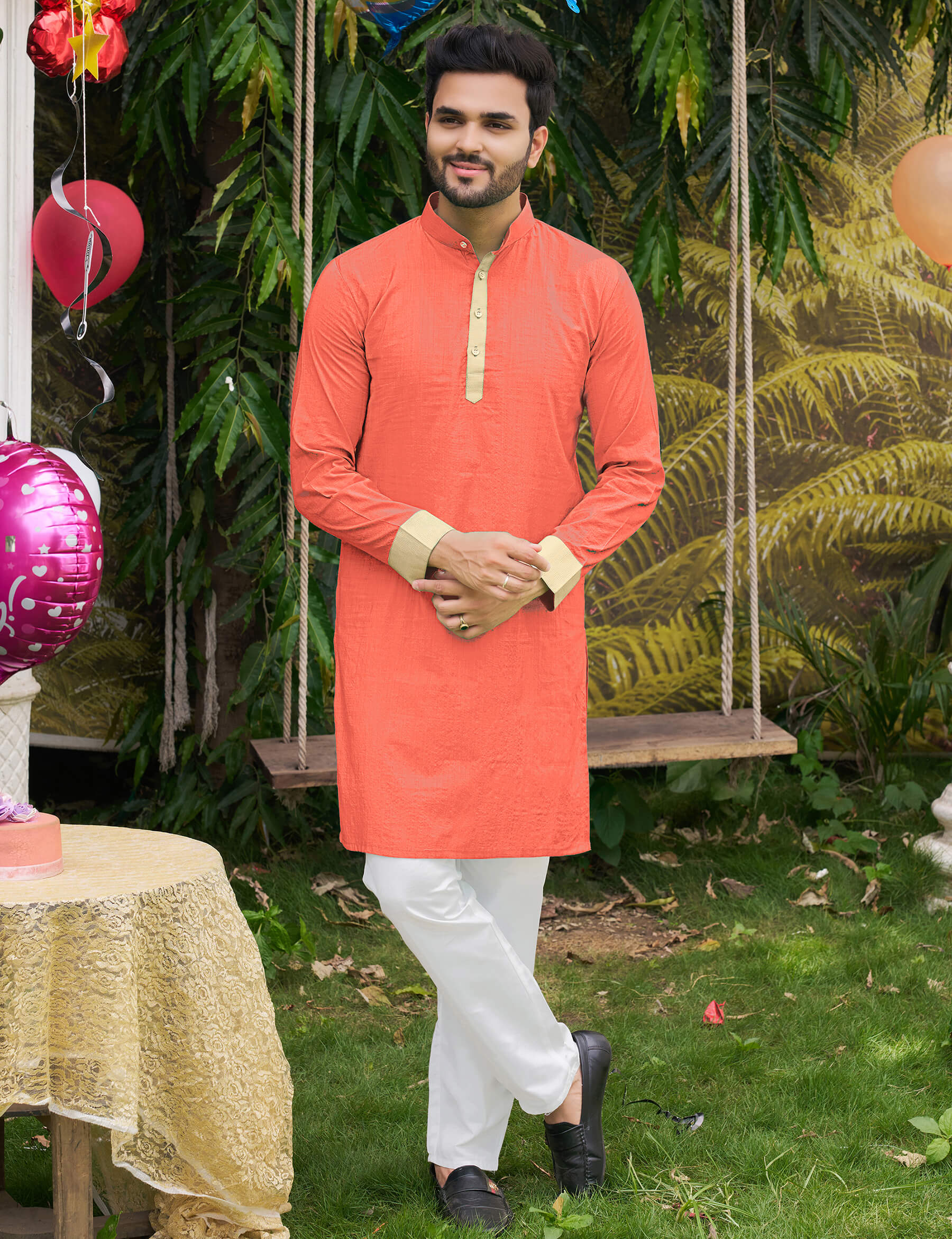 HunnyBunny Peach Couple Dress Orgenza silk Saree & Kurta