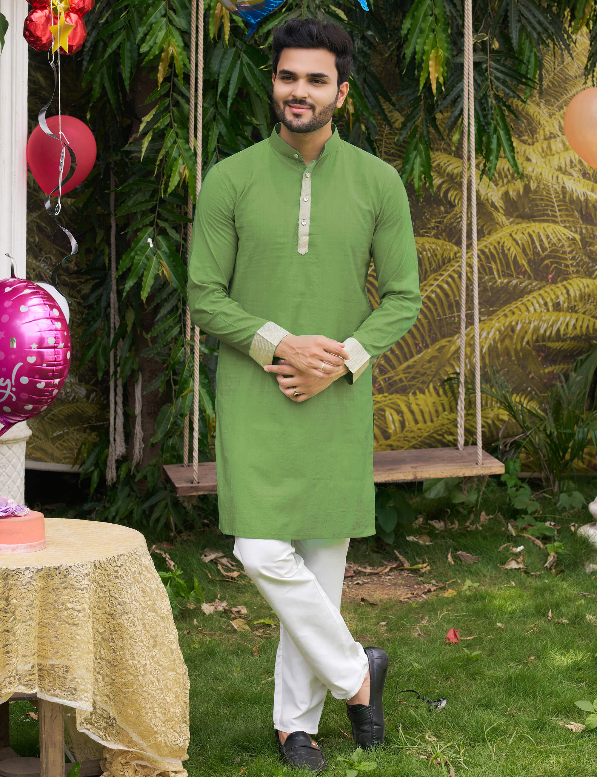 HunnyBunny Mehndi Green Couple Dress Orgenza silk Saree & Kurta