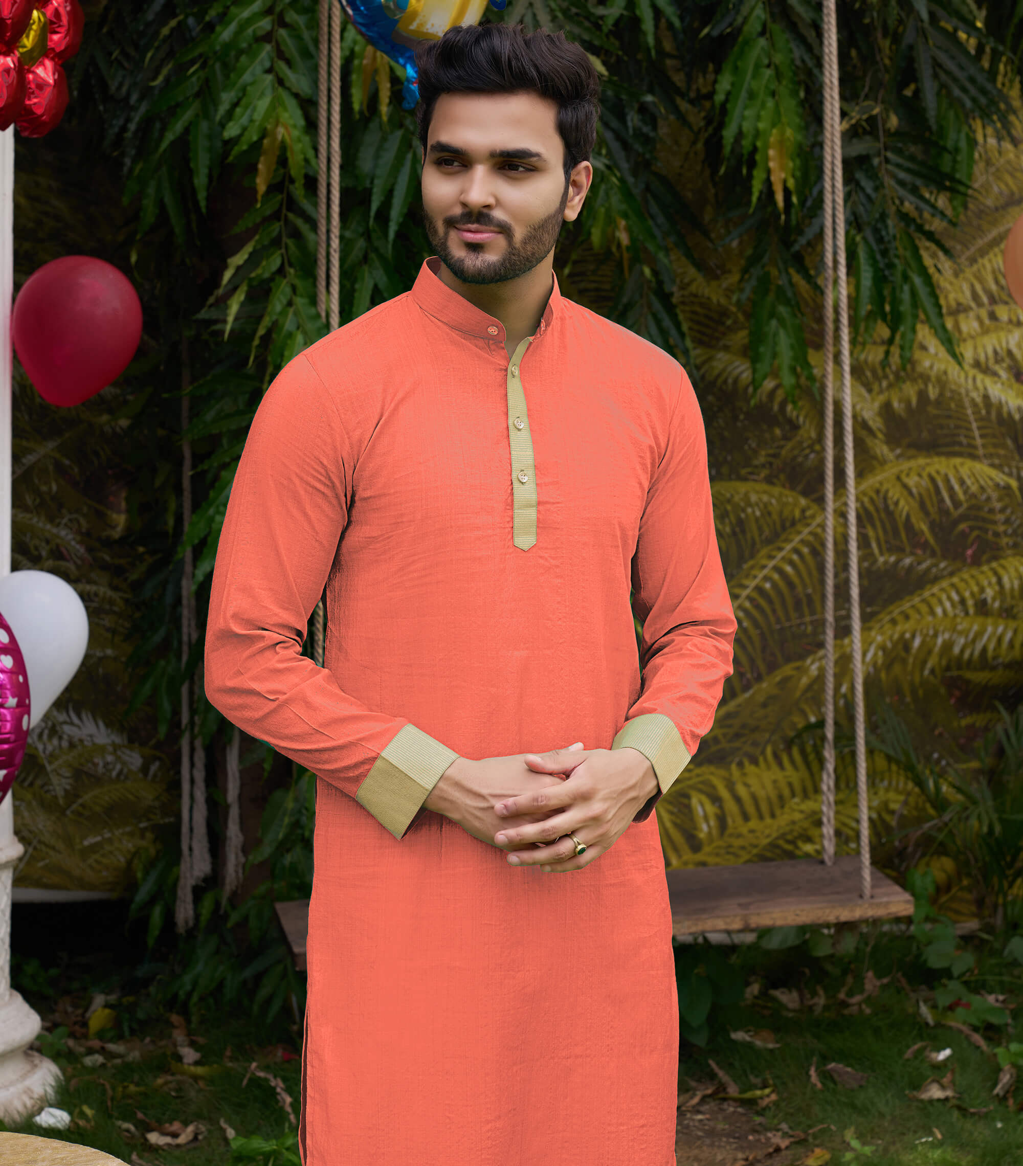 HunnyBunny Peach Couple Dress Orgenza silk Saree & Kurta