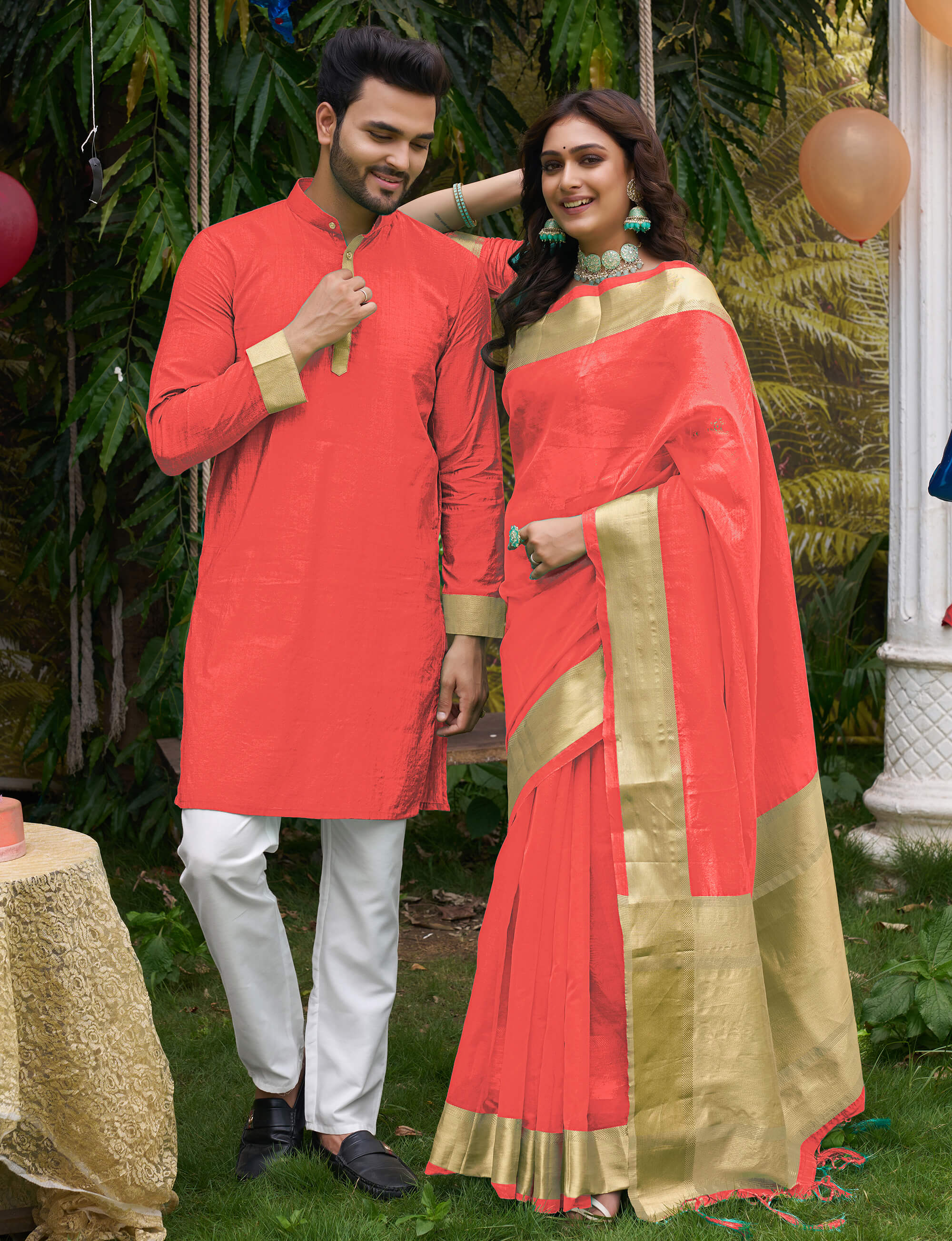 HunnyBunny Coral Couple Dress Orgenza silk Saree & Kurta