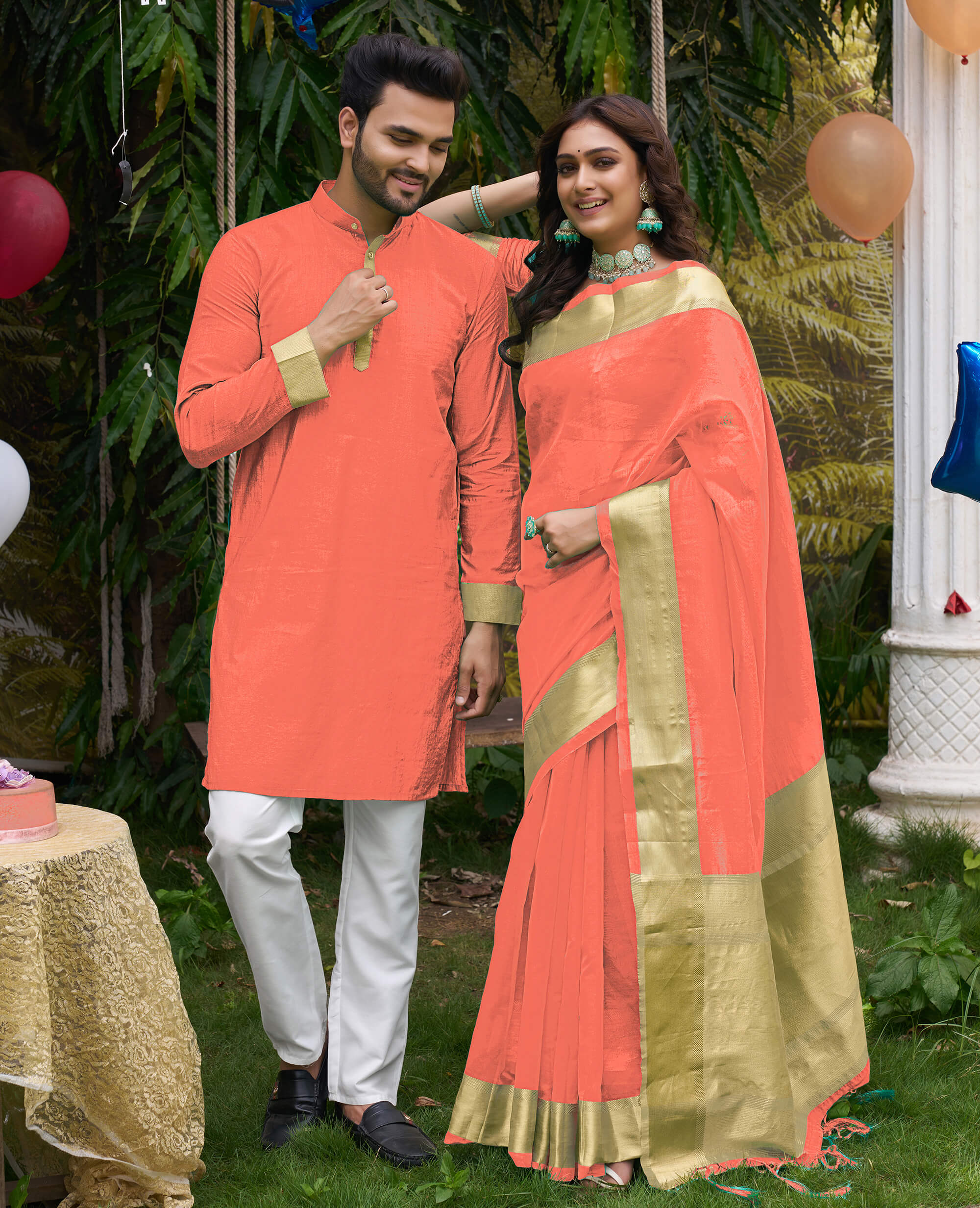 HunnyBunny Peach Couple Dress Orgenza silk Saree & Kurta
