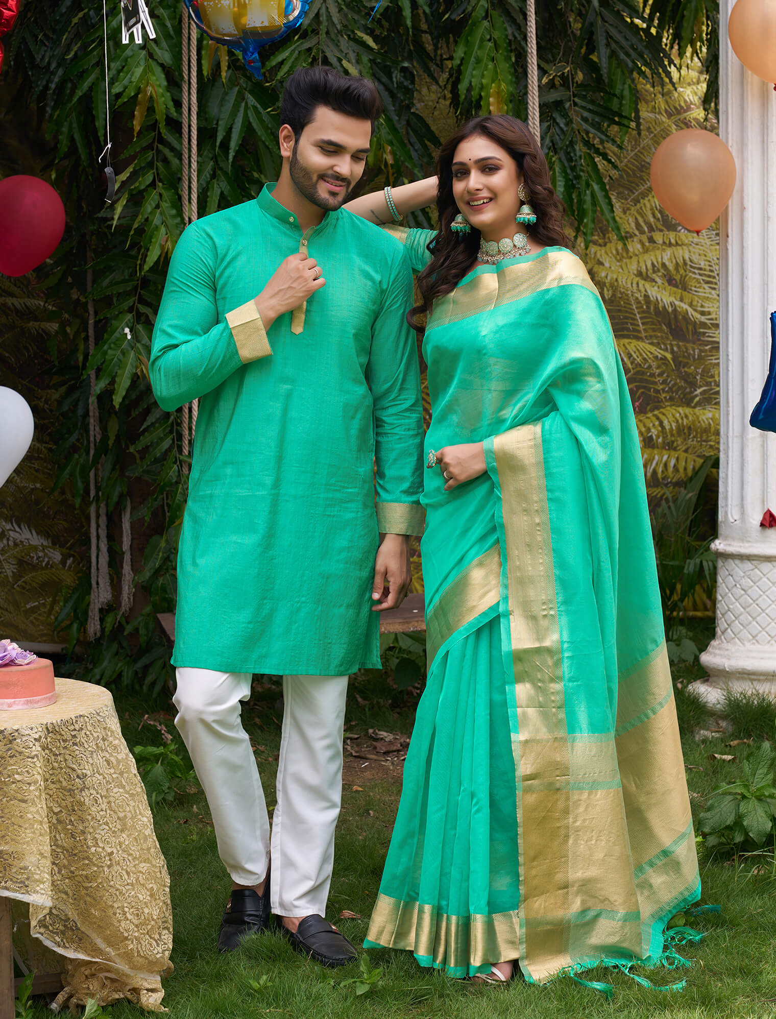 HunnyBunny Teal Couple Dress Orgenza silk Saree & Kurta