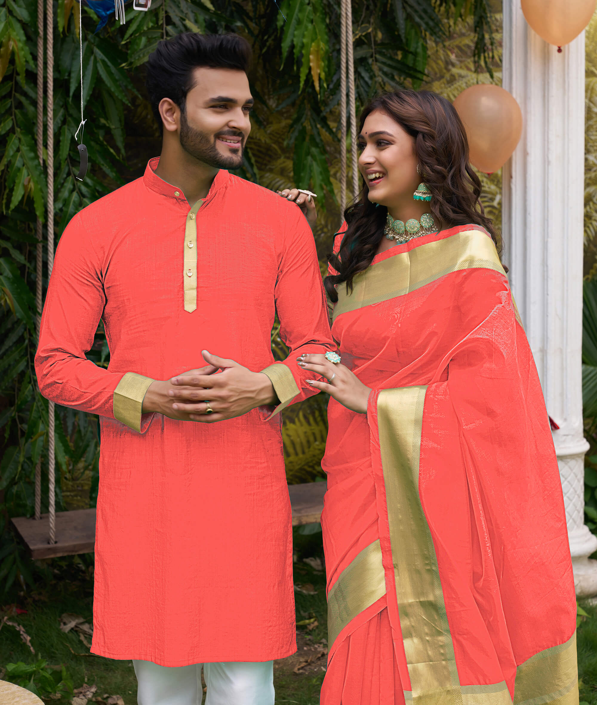 HunnyBunny Coral Couple Dress Orgenza silk Saree & Kurta