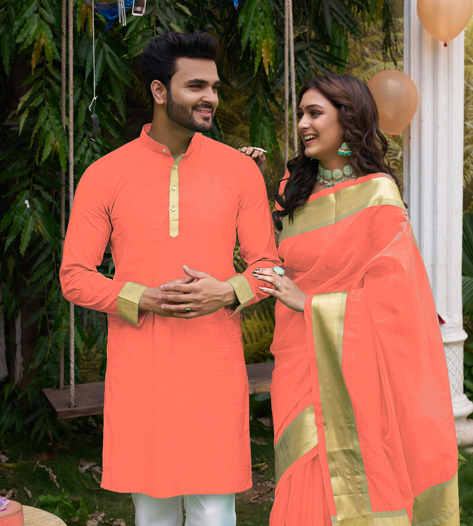 HunnyBunny Peach Couple Dress Orgenza silk Saree & Kurta