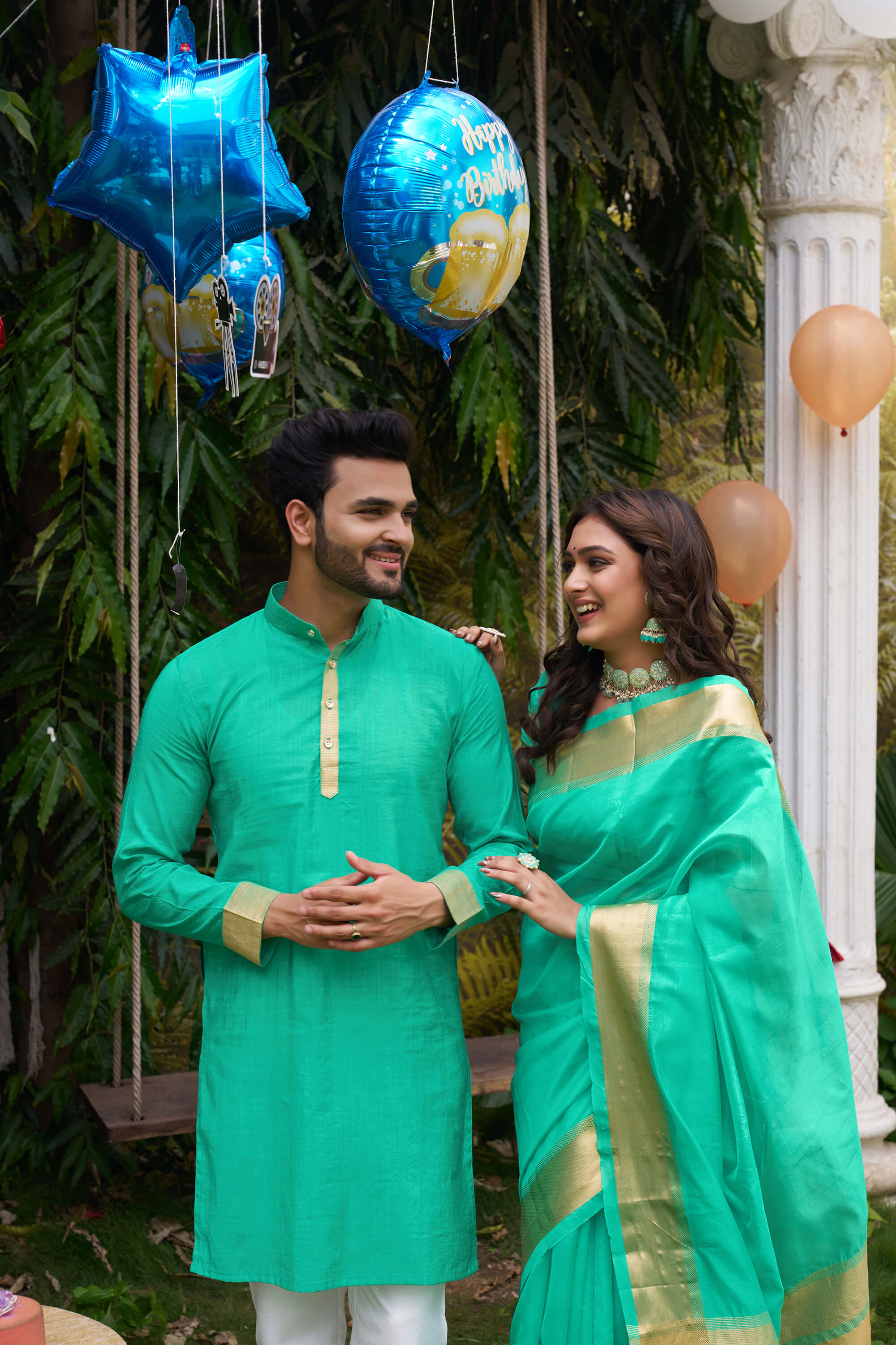 HunnyBunny Teal Couple Dress Orgenza silk Saree & Kurta