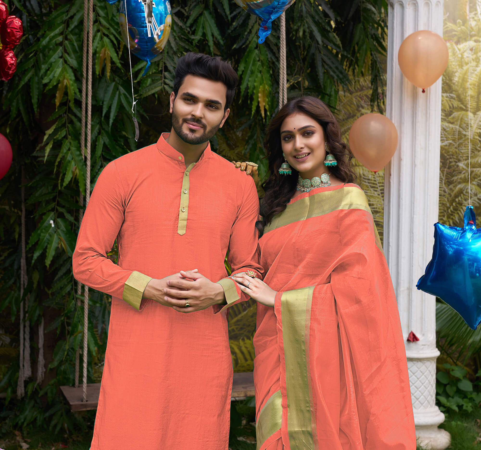 HunnyBunny Peach Couple Dress Orgenza silk Saree & Kurta