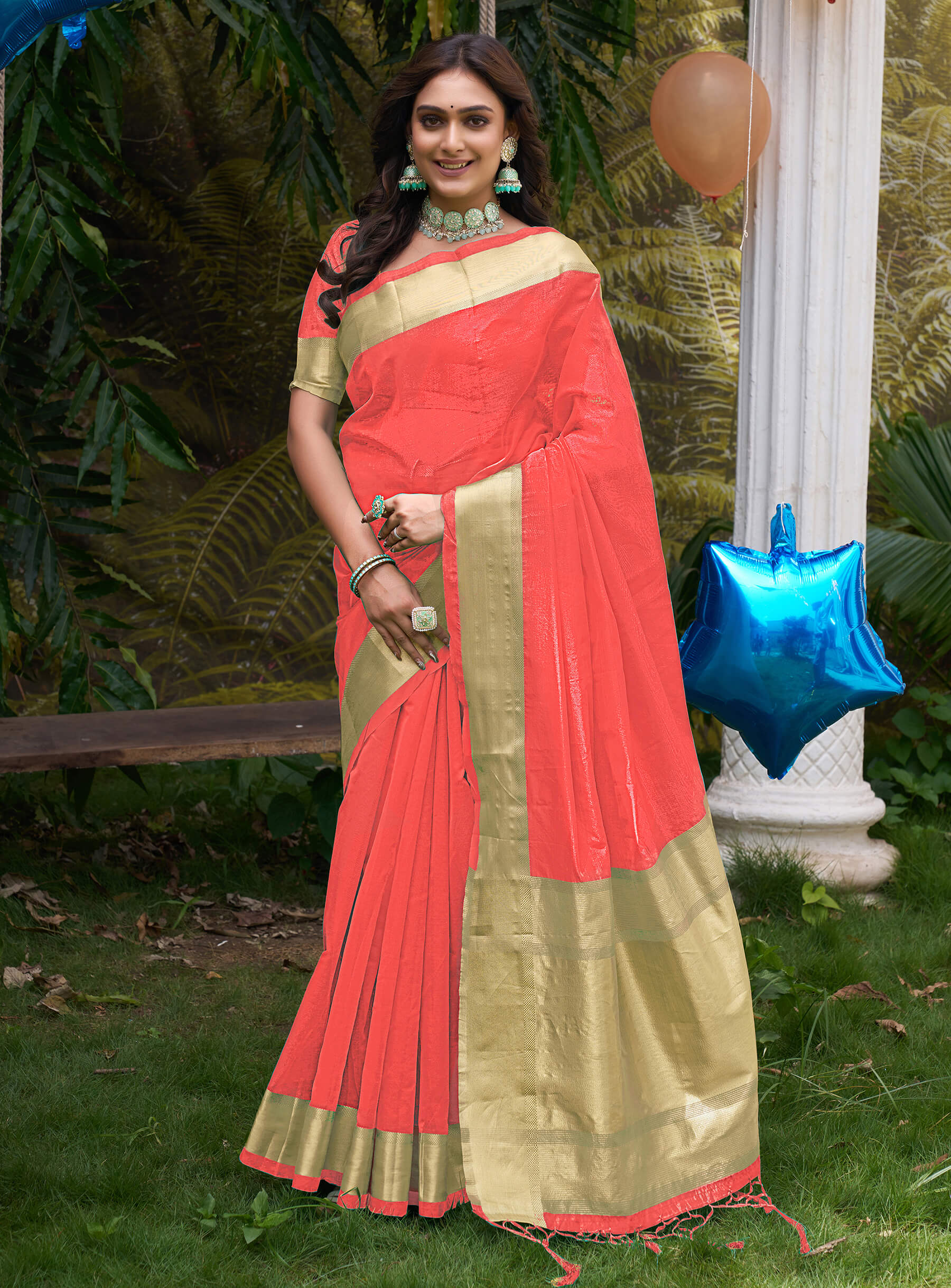 HunnyBunny Coral Couple Dress Orgenza silk Saree & Kurta