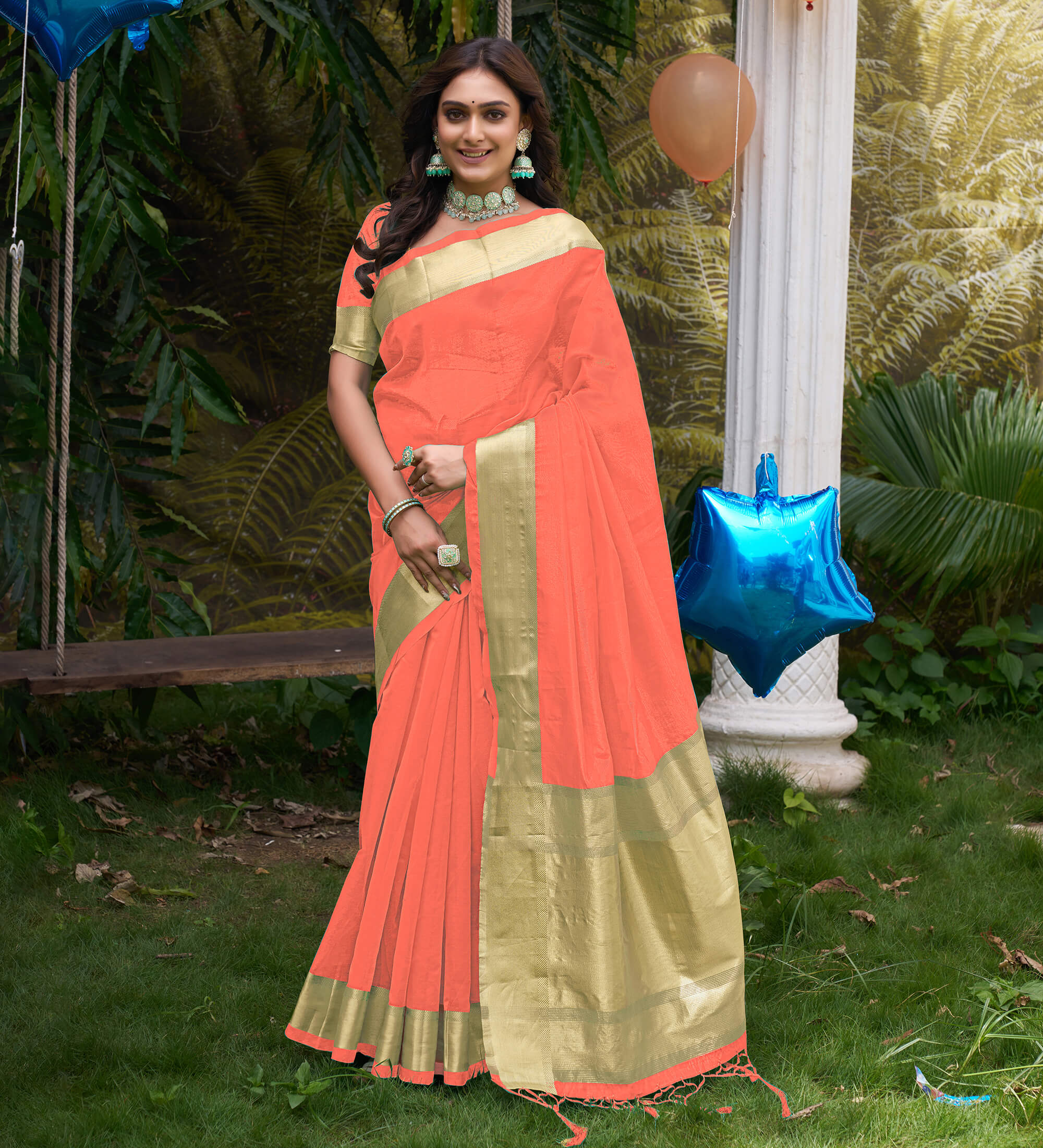 HunnyBunny Peach Couple Dress Orgenza silk Saree & Kurta