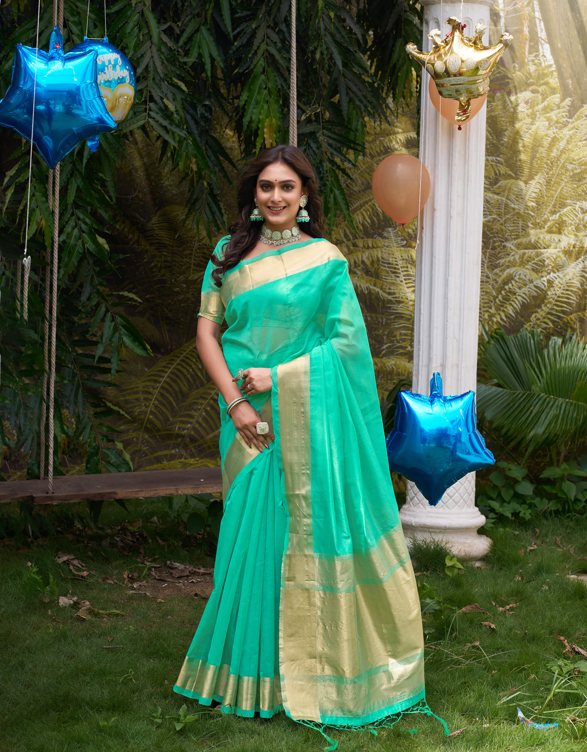 HunnyBunny Teal Couple Dress Orgenza silk Saree & Kurta