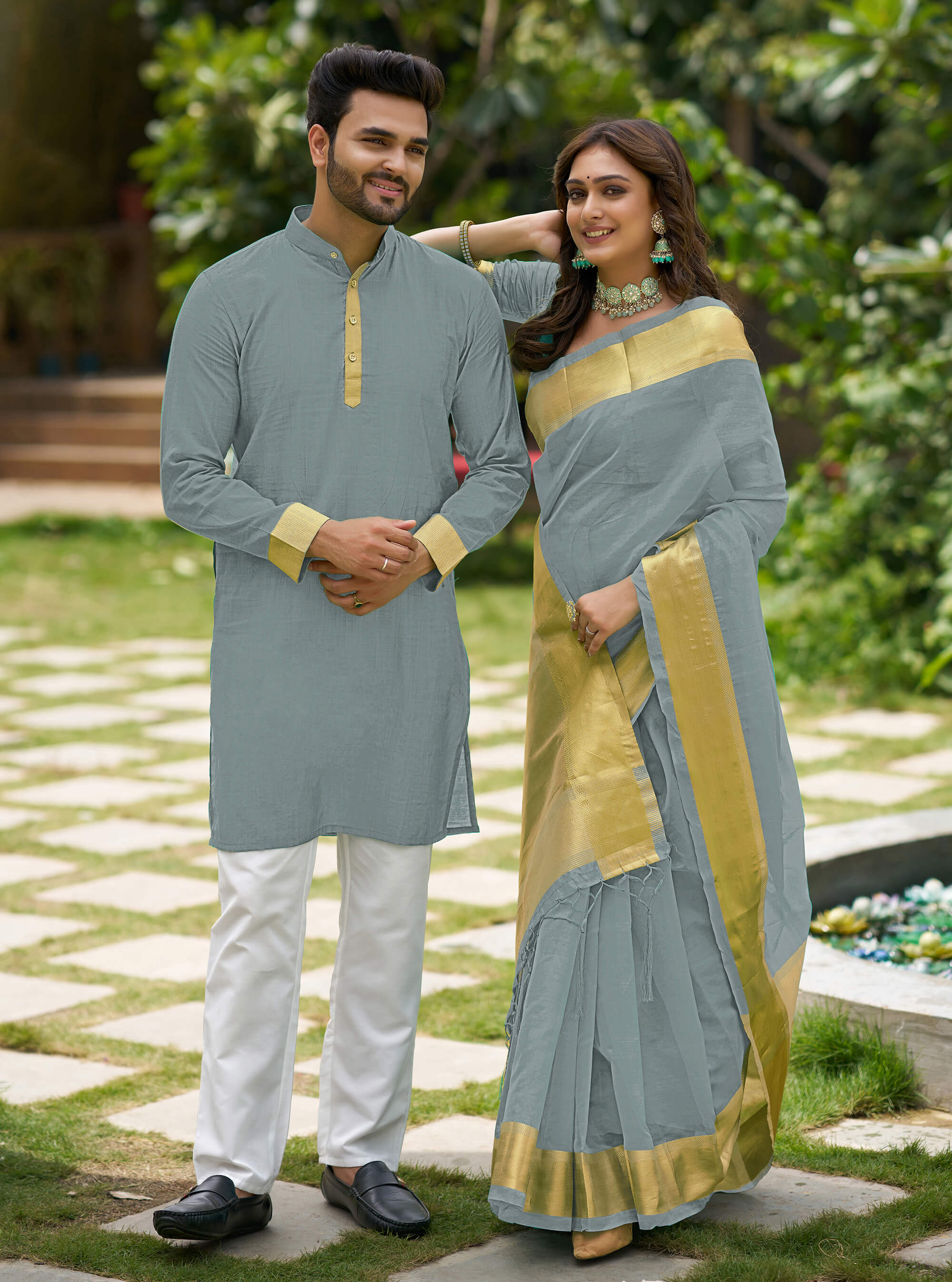 HunnyBunny Grey Couple Dress Orgenza silk Saree & Kurta