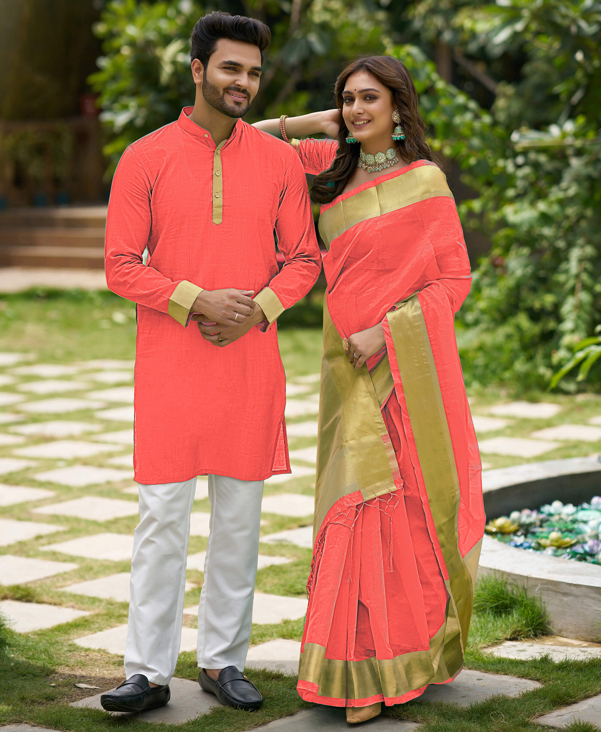 HunnyBunny Coral Couple Dress Orgenza silk Saree & Kurta