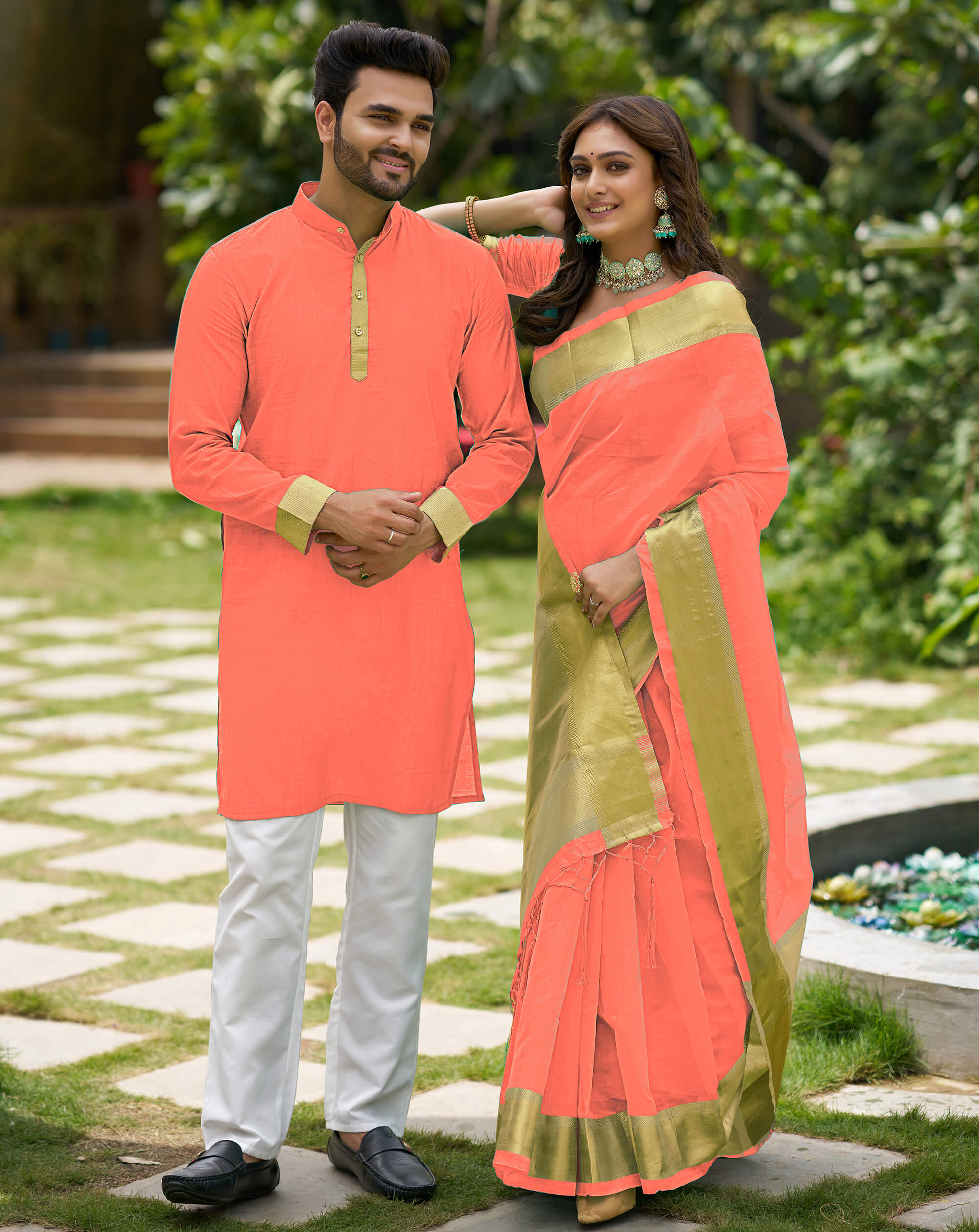 HunnyBunny Peach Couple Dress Orgenza silk Saree & Kurta