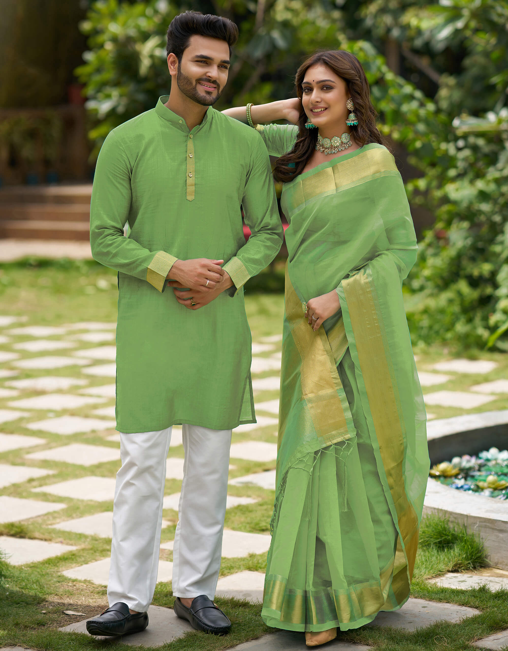 HunnyBunny Mehndi Green Couple Dress Orgenza silk Saree & Kurta
