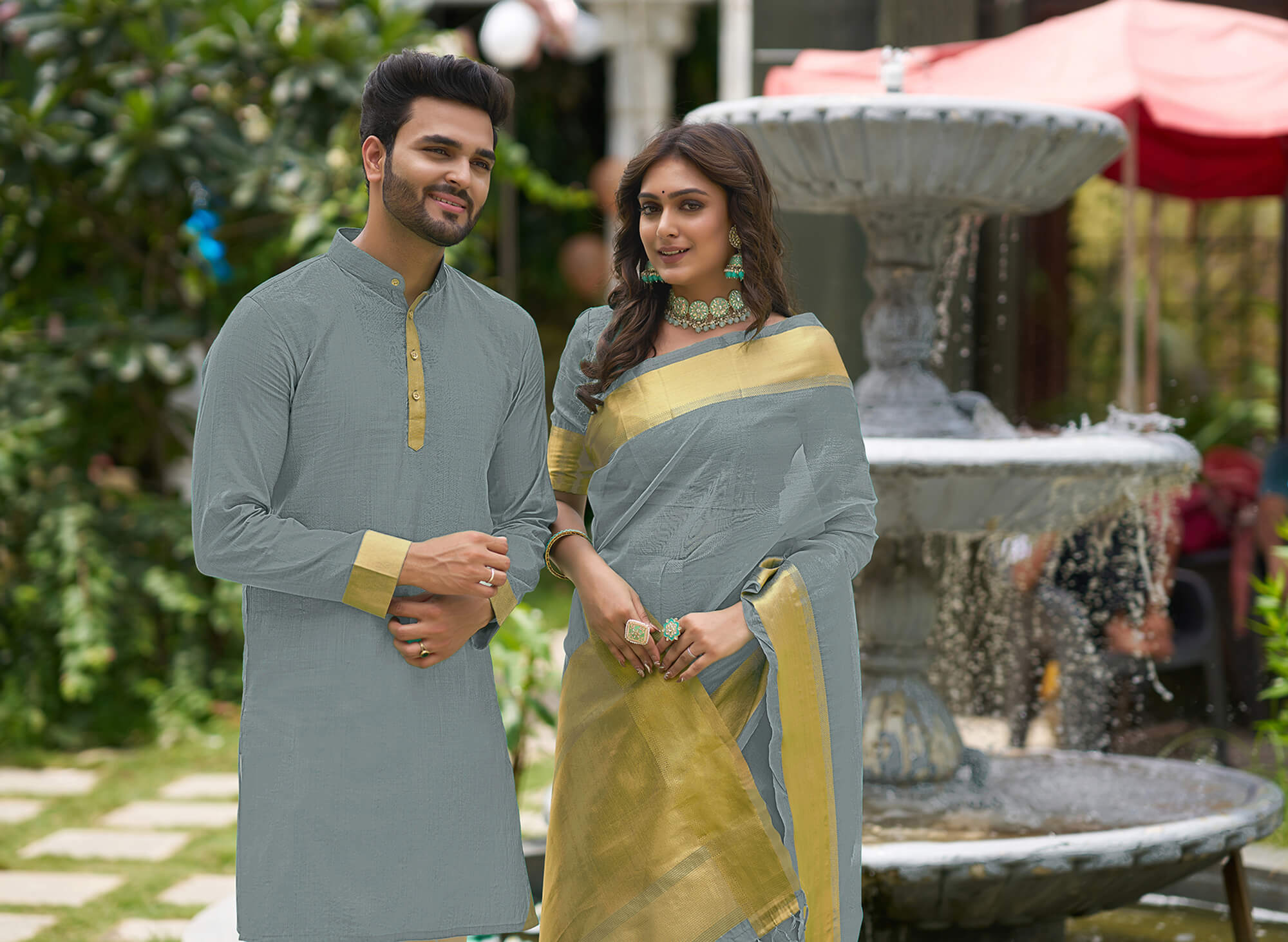 HunnyBunny Grey Couple Dress Orgenza silk Saree & Kurta