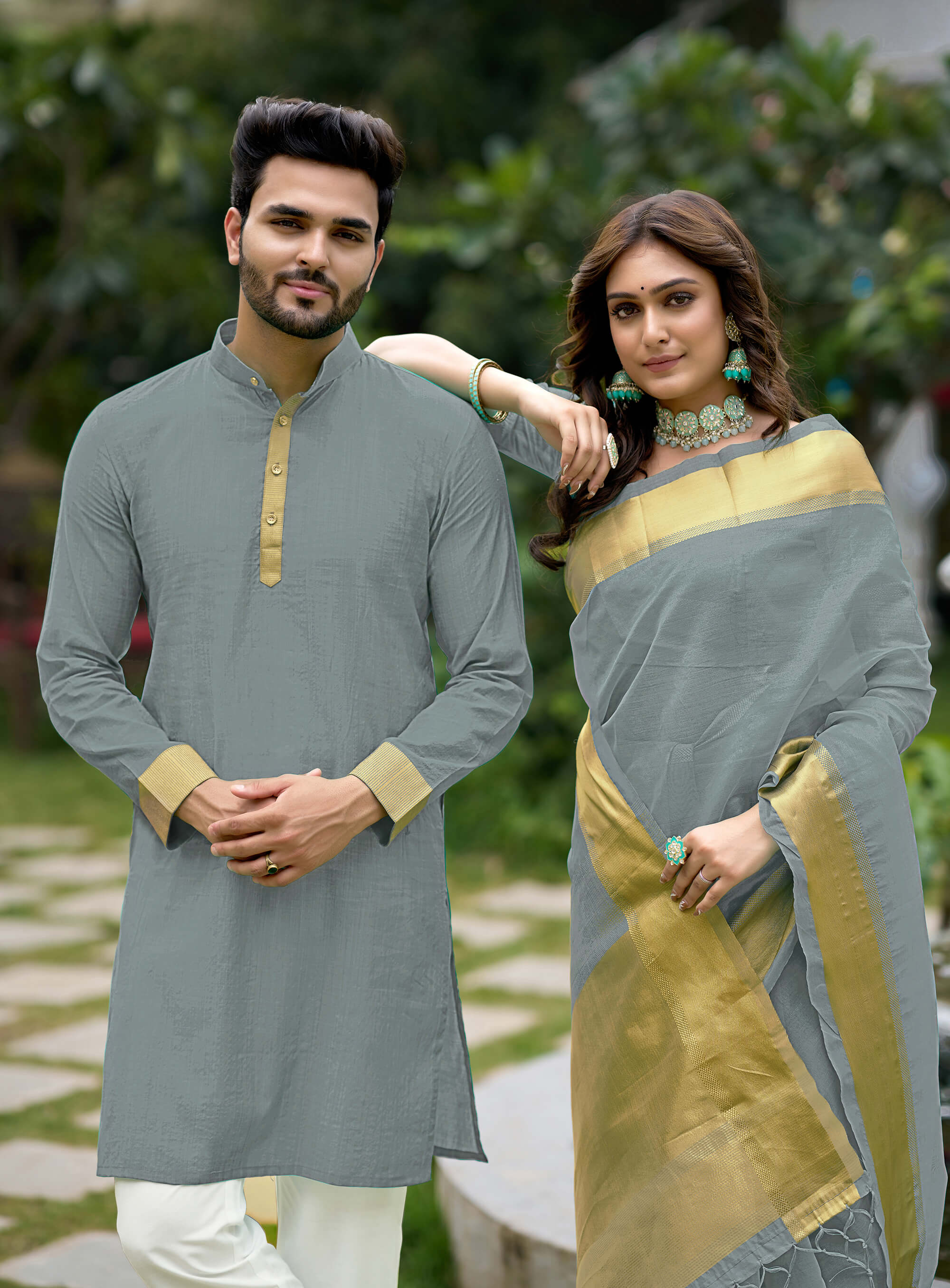 HunnyBunny Grey Couple Dress Orgenza silk Saree & Kurta