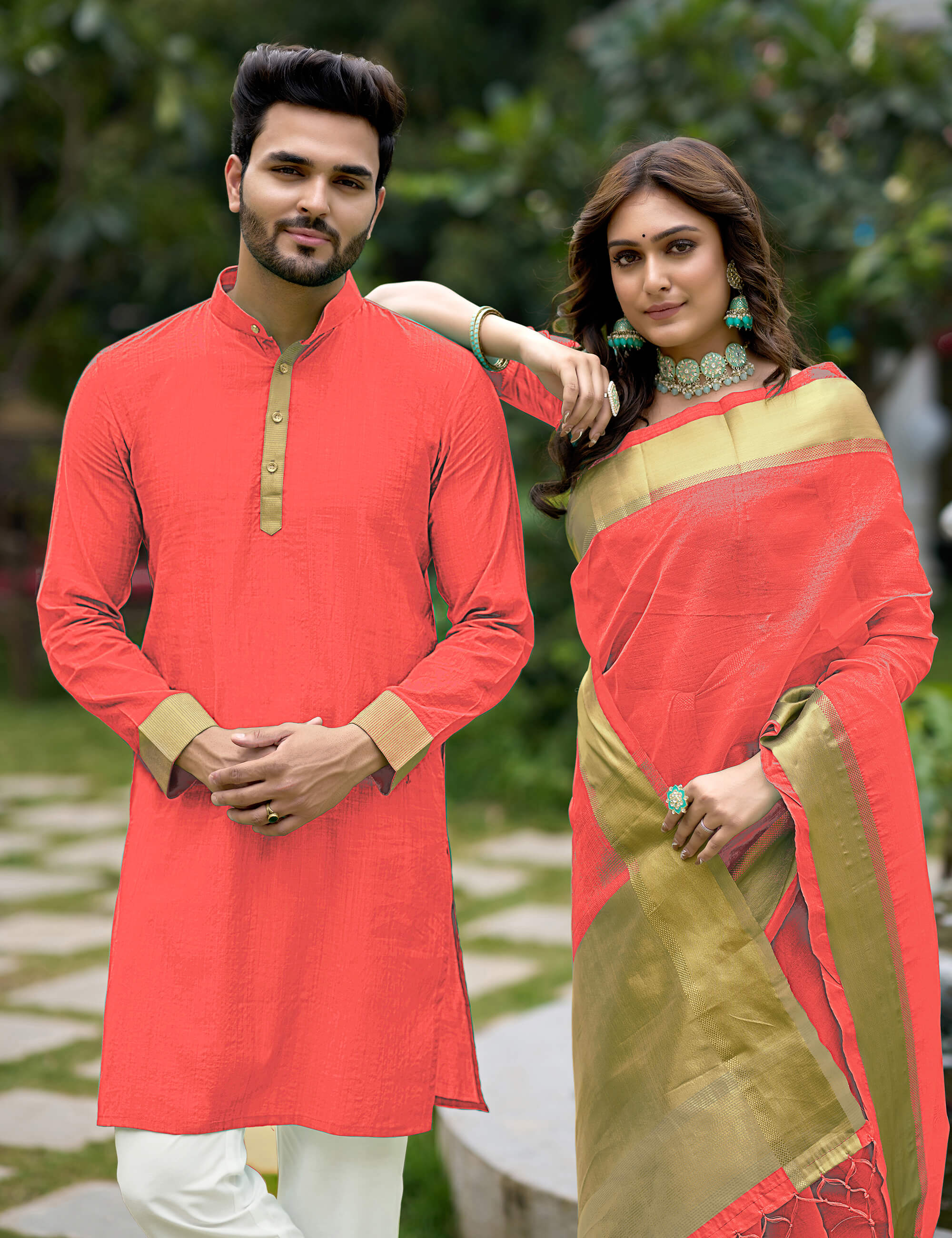 HunnyBunny Coral Couple Dress Orgenza silk Saree & Kurta