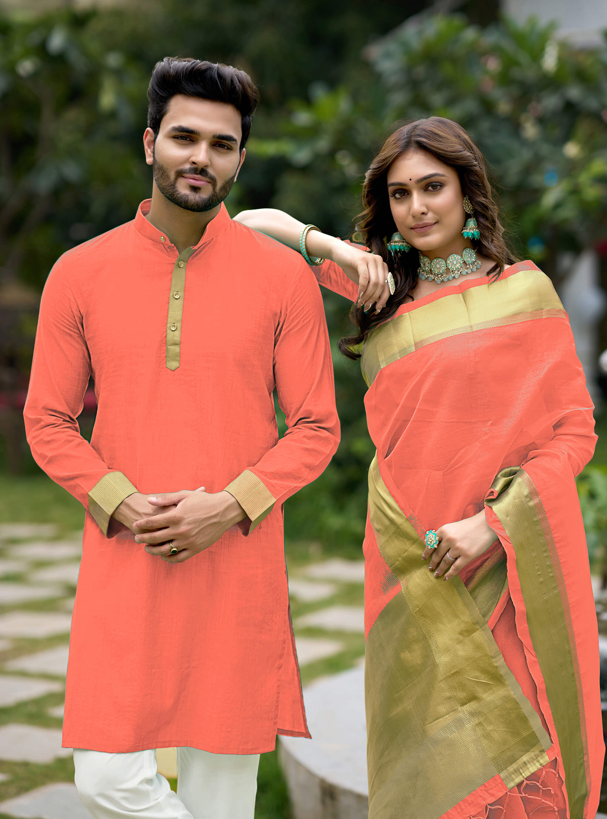 HunnyBunny Peach Couple Dress Orgenza silk Saree & Kurta