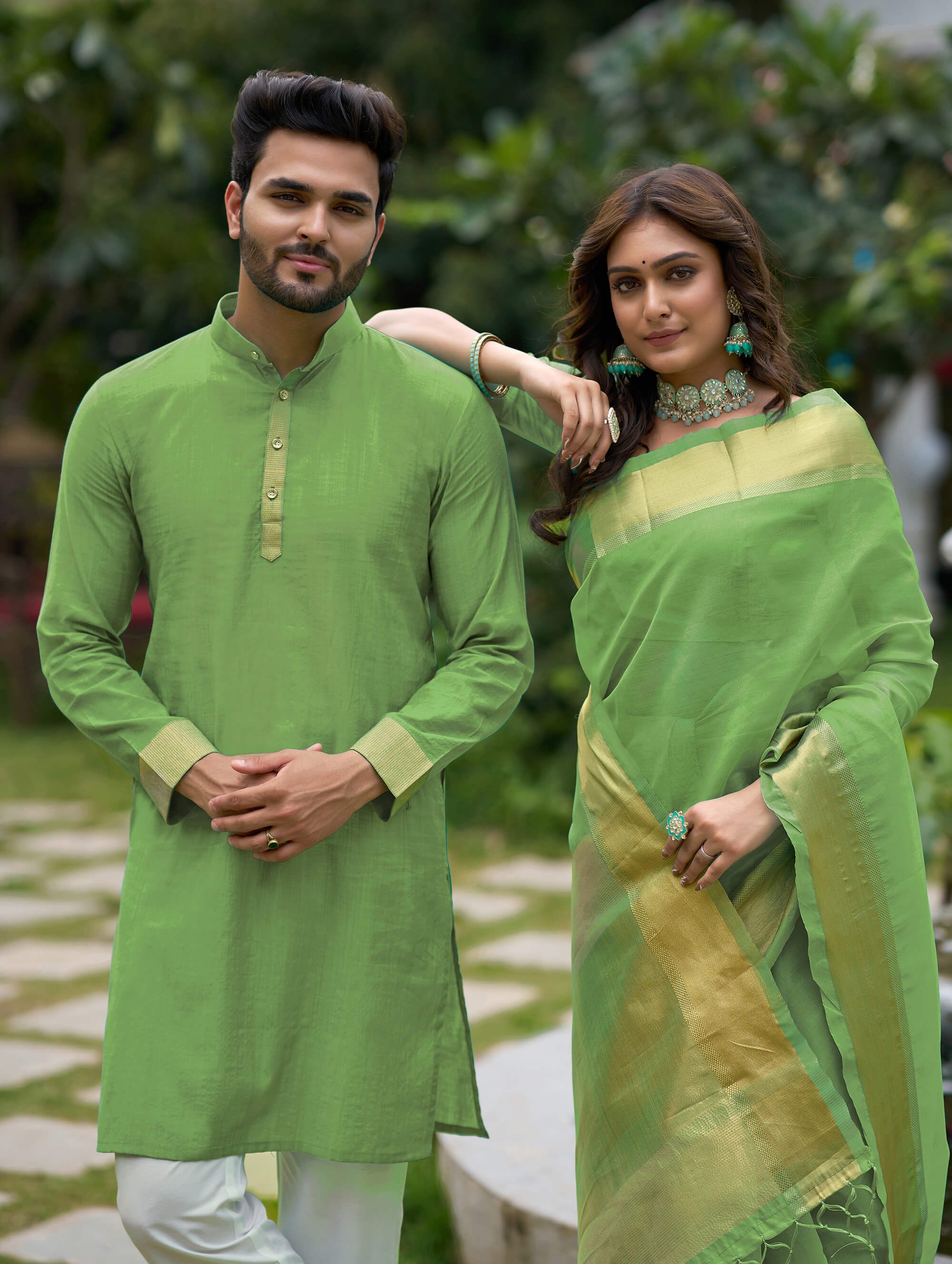 HunnyBunny Mehndi Green Couple Dress Orgenza silk Saree & Kurta