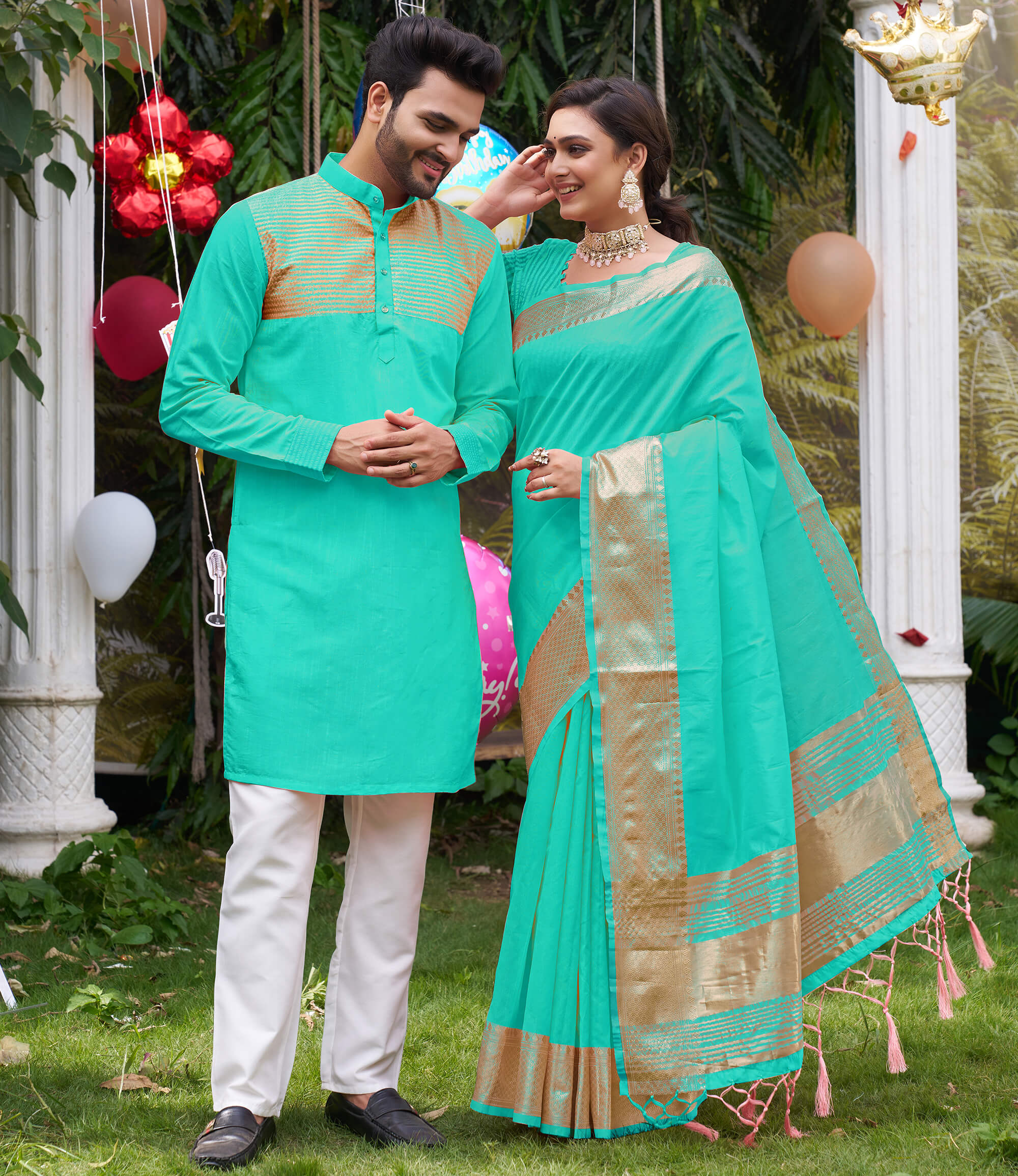 Kiara Teal Couple Dress Silk Saree & Kurta