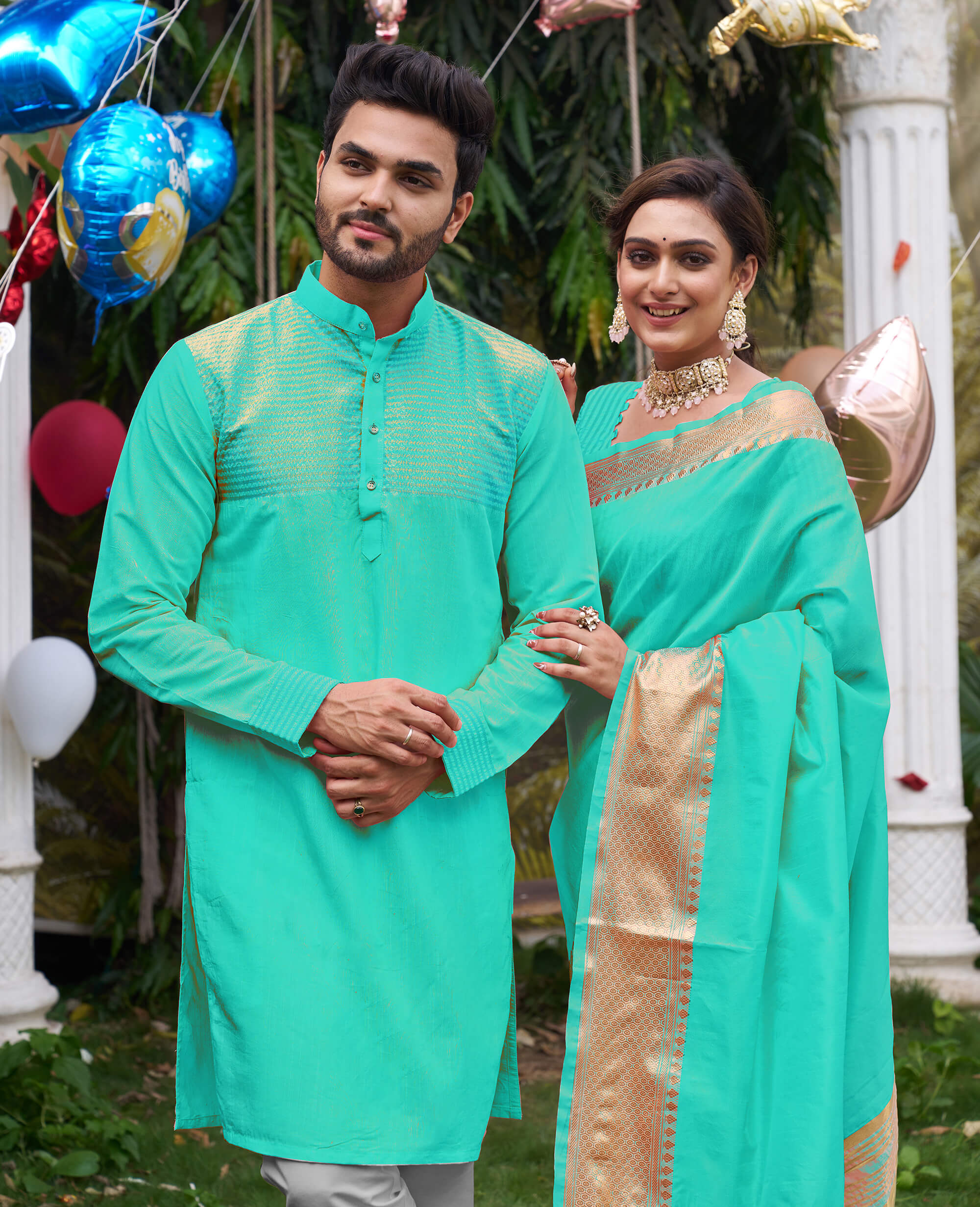 Kiara Teal Couple Dress Silk Saree & Kurta