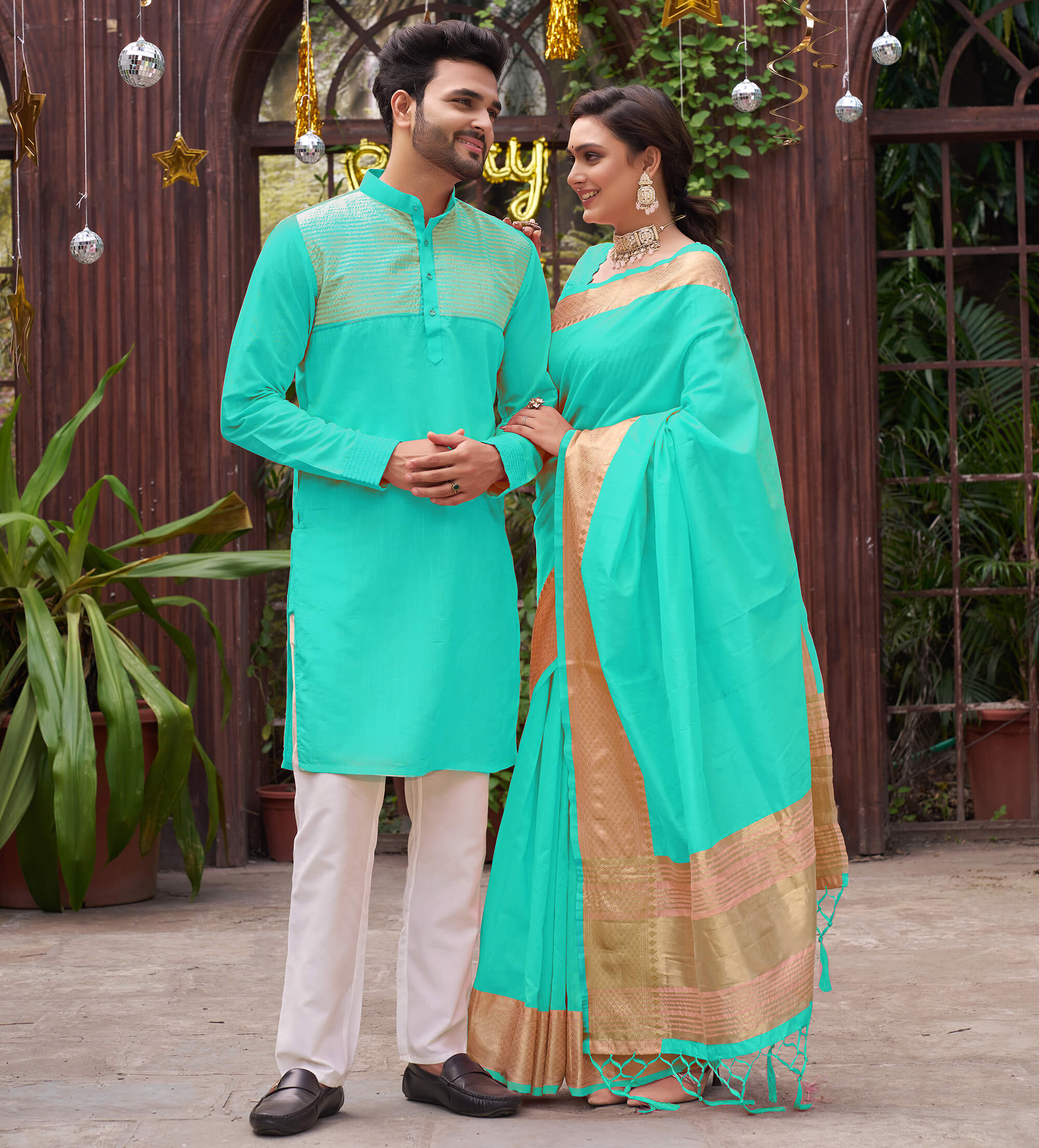 Kiara Teal Couple Dress Silk Saree & Kurta