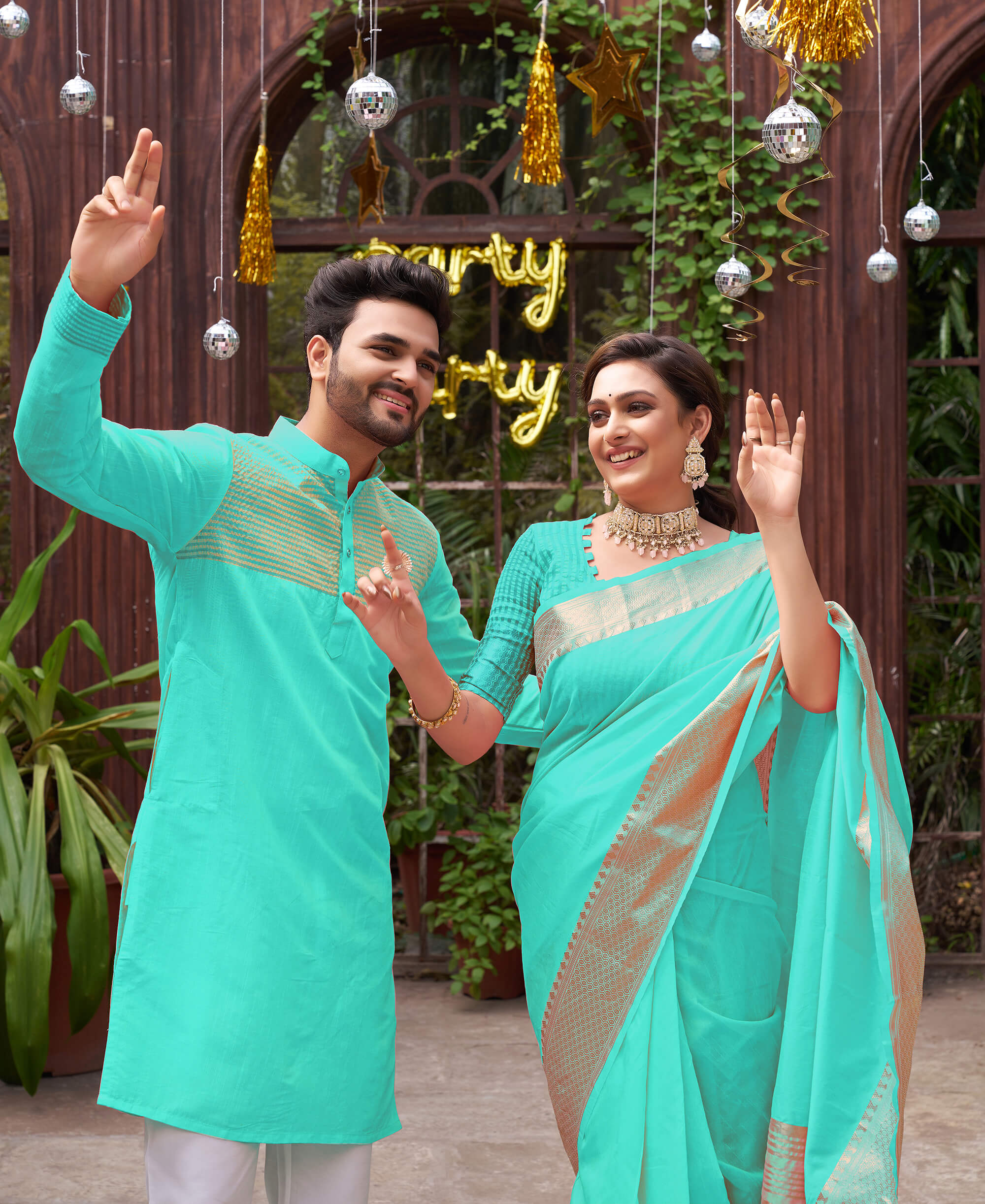 Kiara Teal Couple Dress Silk Saree & Kurta