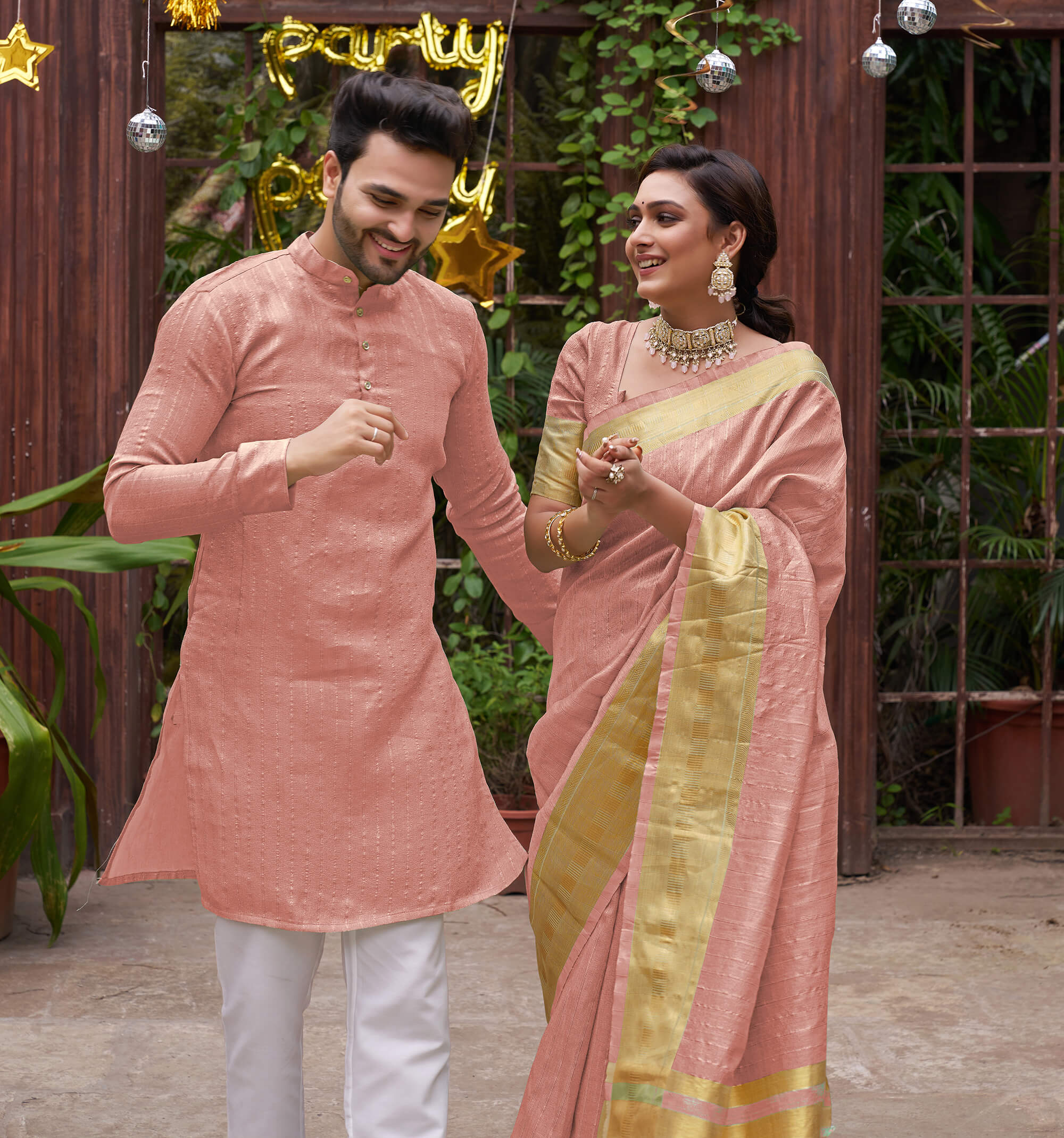 Bansri Gold Pink Couple Set Saree and Kurta