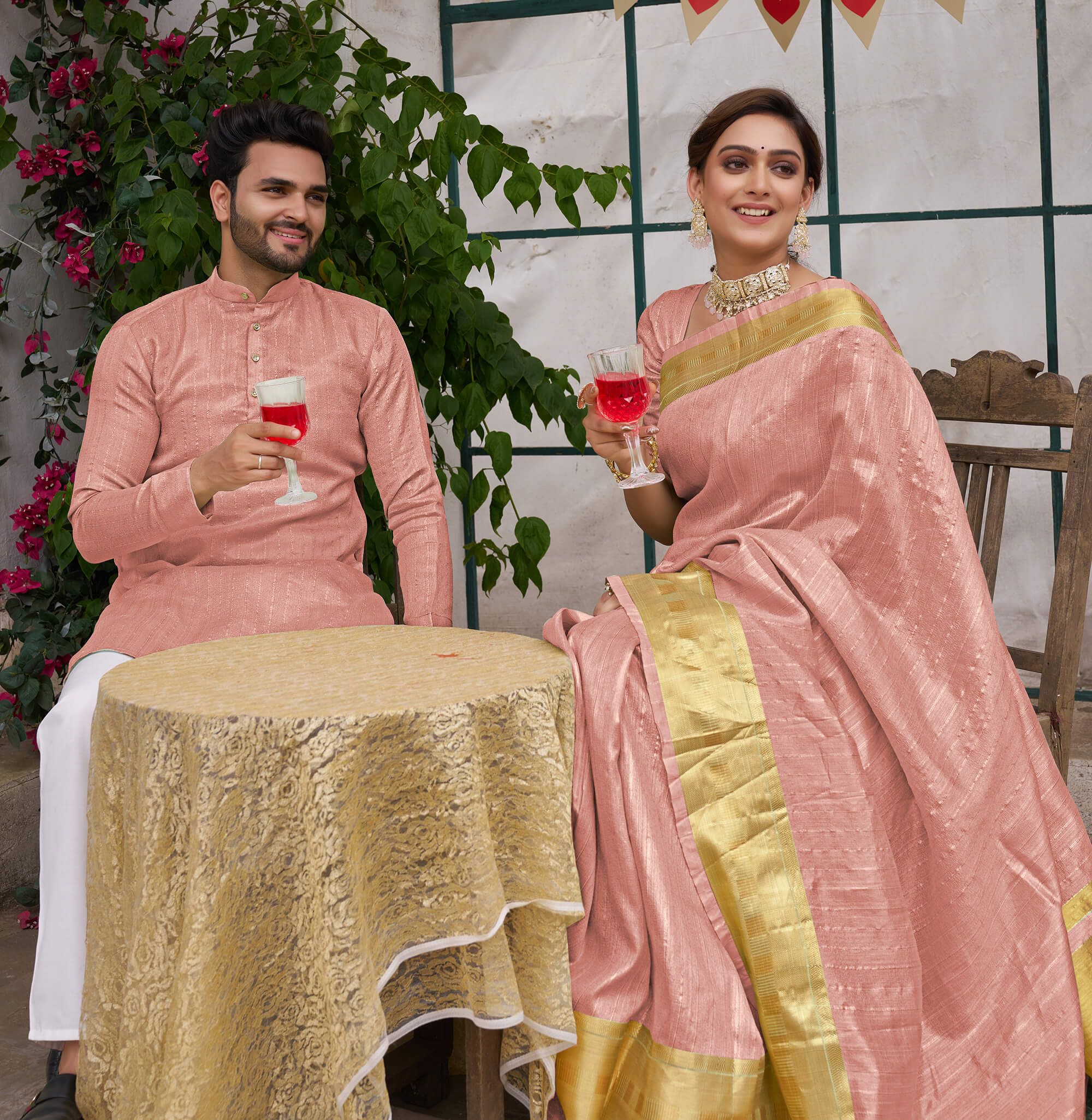 Bansri Gold Pink Couple Set Saree and Kurta