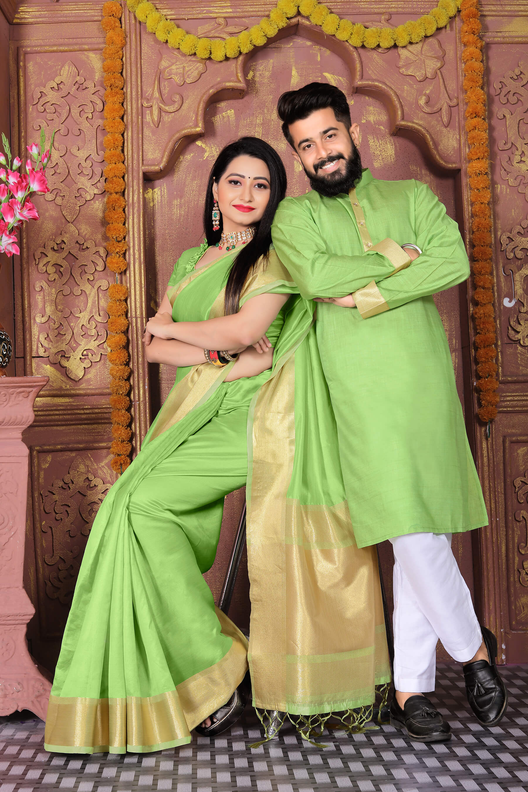 HunnyBunny Mehndi Green Couple Dress Orgenza silk Saree & Kurta