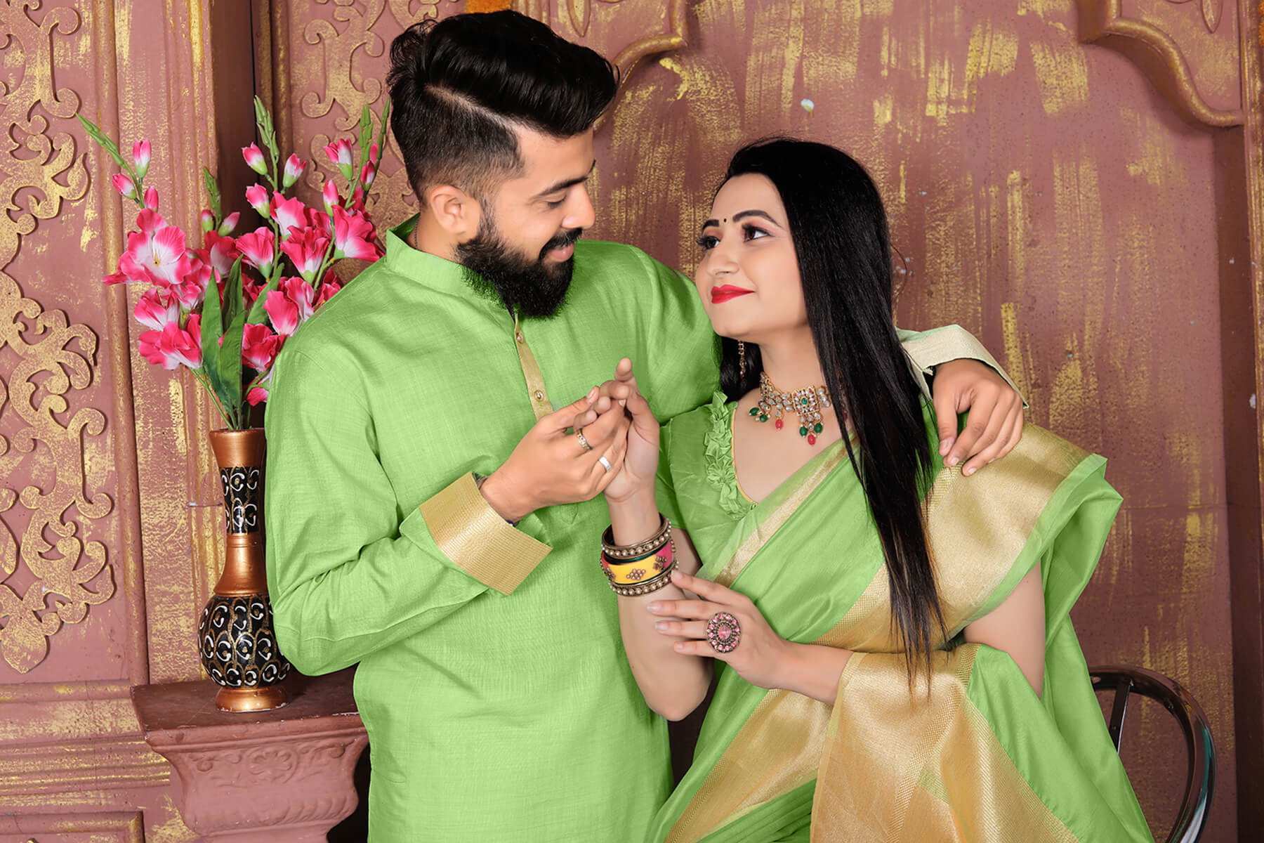 HunnyBunny Mehndi Green Couple Dress Orgenza silk Saree & Kurta